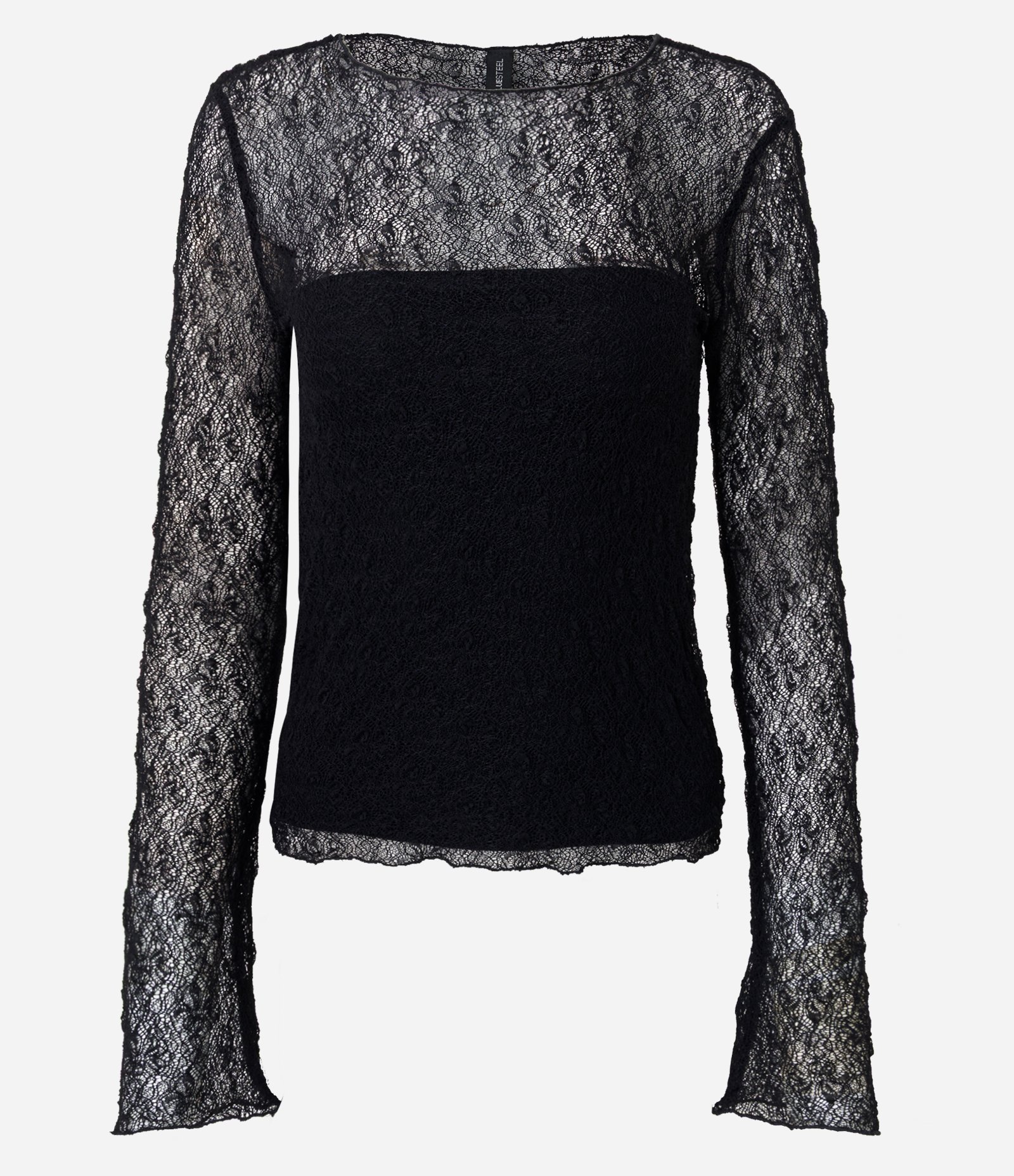 Blusa Manga Longa Texturizada com Manga Evasê e Transparência Preto 5