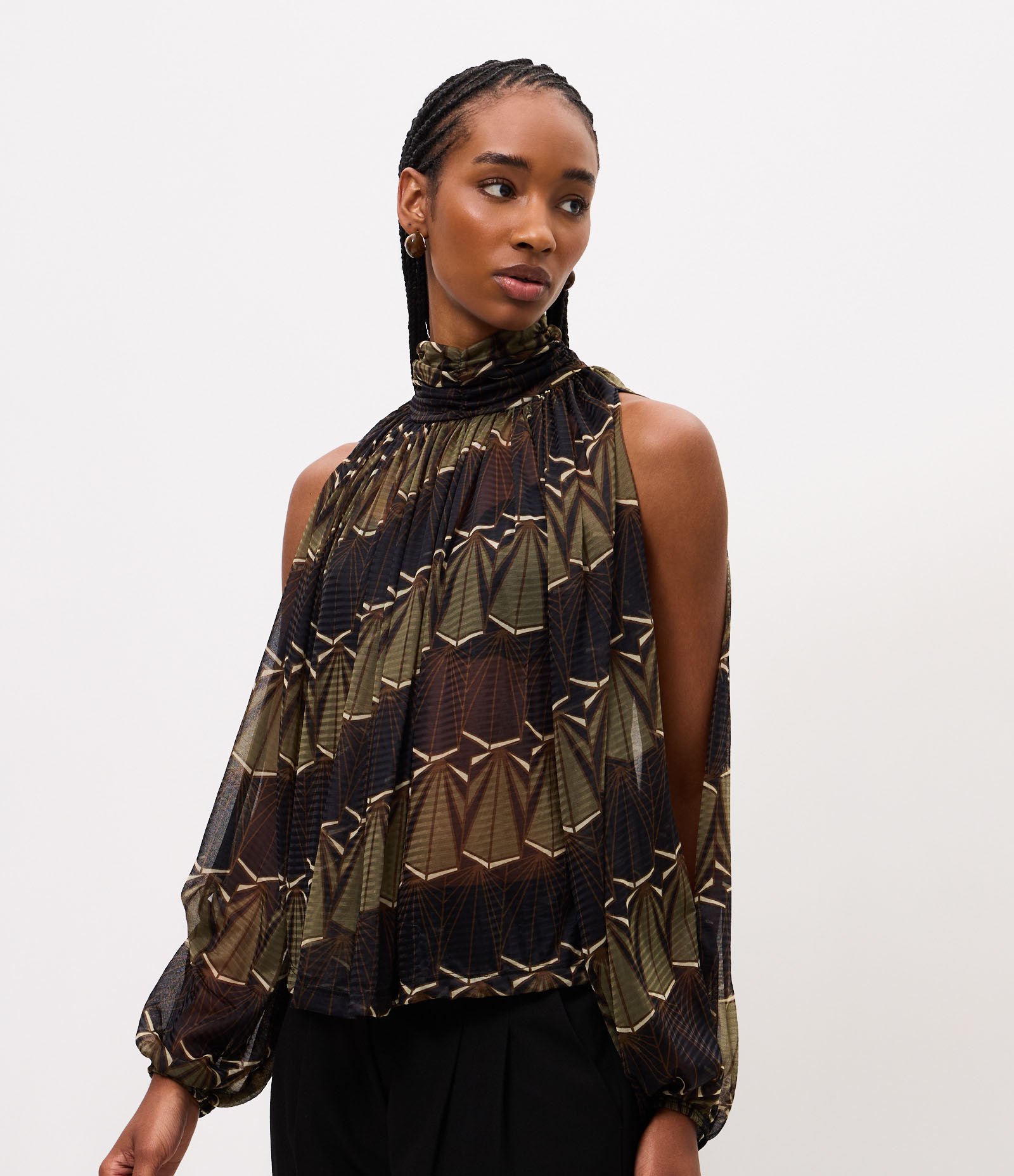 Blusa em Tule com Estampa Abstrata e Manga com Abertura Multicores 1