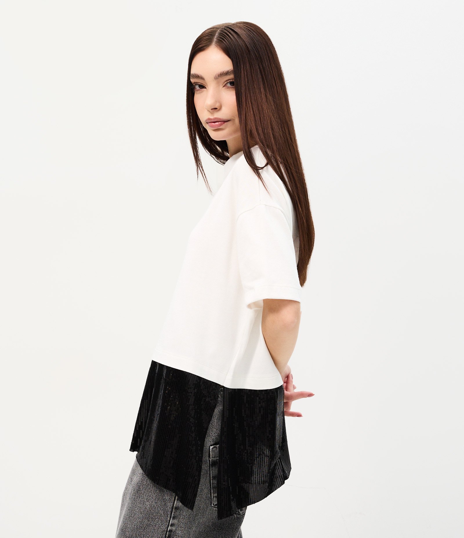 Camiseta Boxy em Algodão com Barra Paetê Branco 1