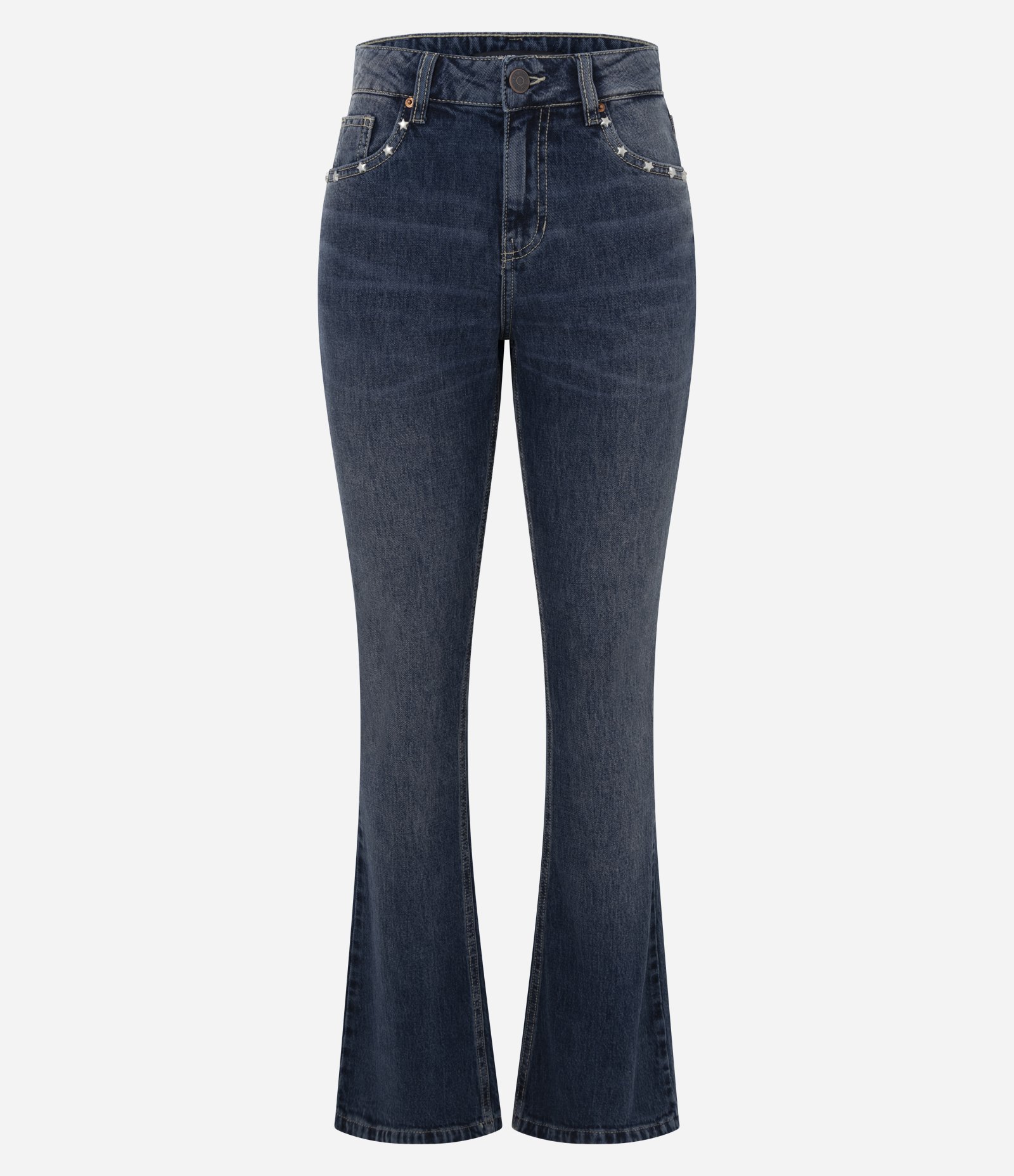 Calça Bootcut em Jeans com Cintura Média e Tachas Azul Escuro 1