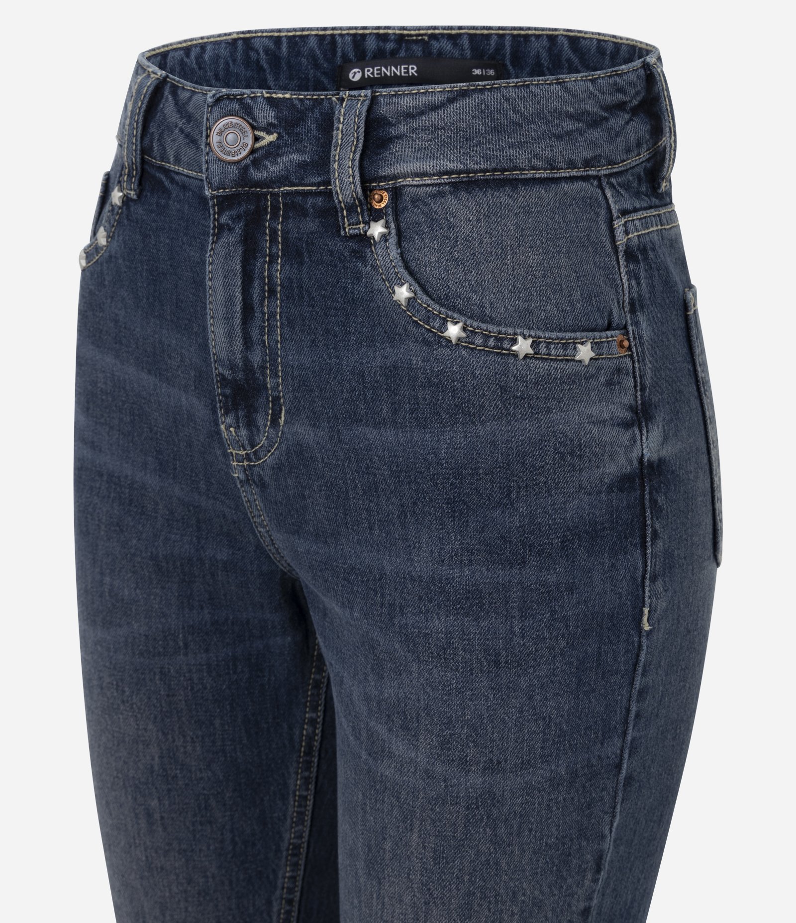 Calça Bootcut em Jeans com Cintura Média e Tachas Azul Escuro 2