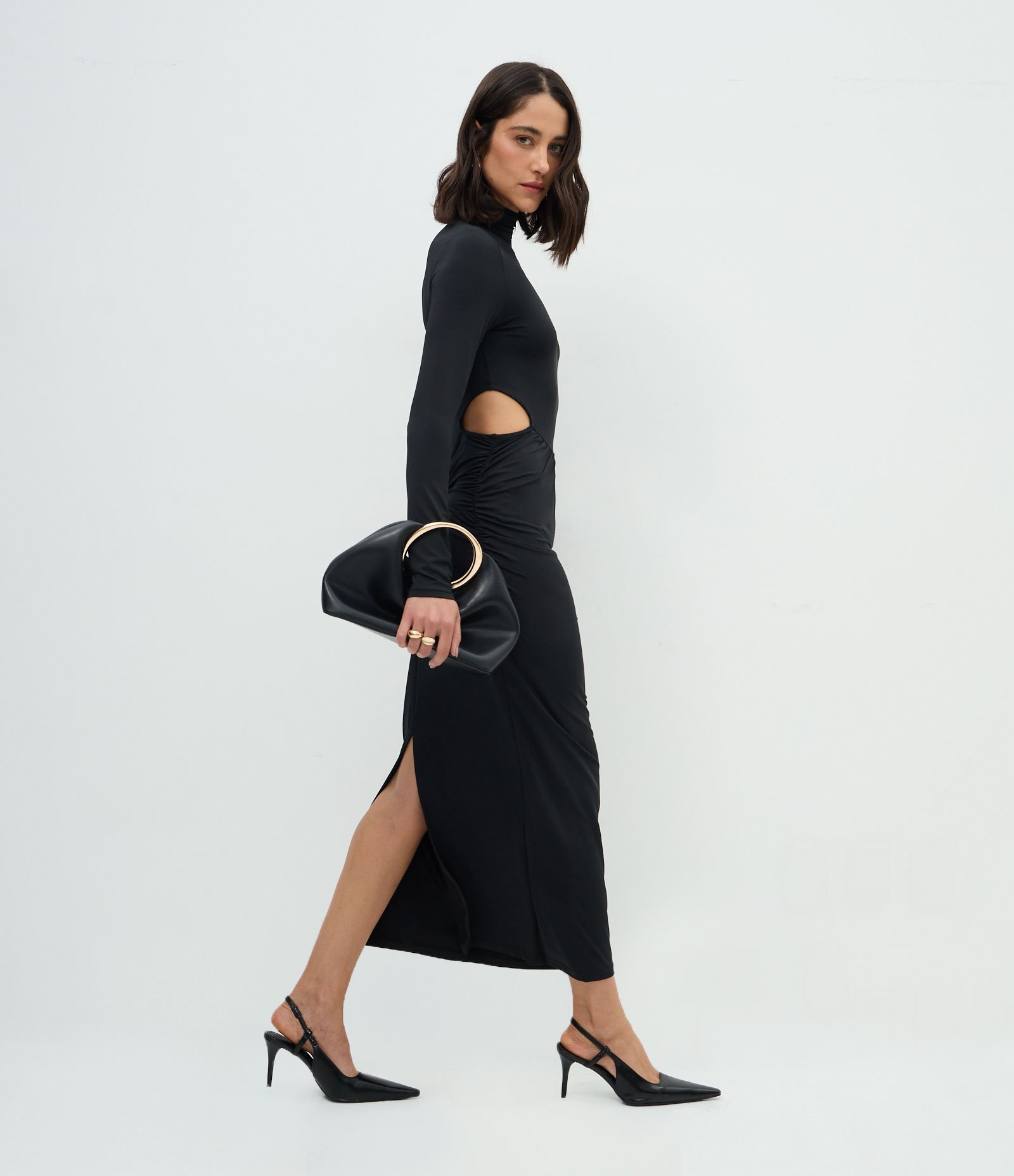 Vestido Long Midi com Cut Out e Drapeado Preto 1