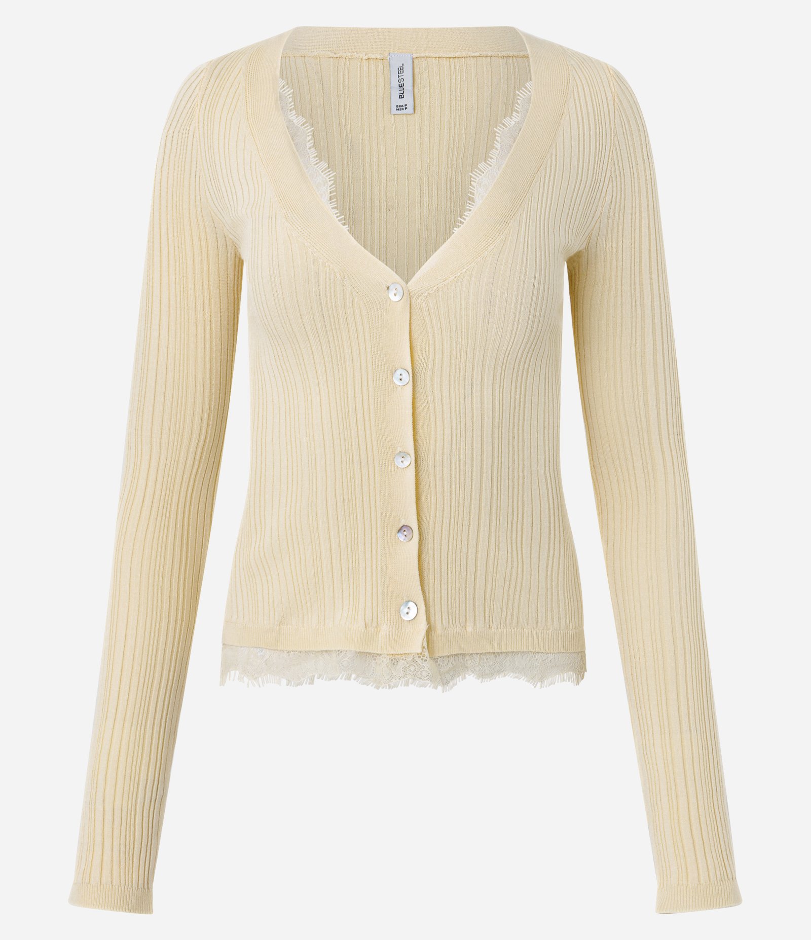 Cardigan em Tricô Canelado com Renda e Abotoamento Amarelo 5