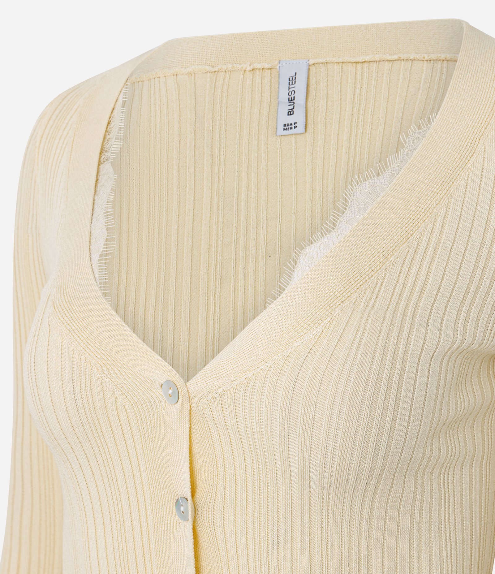 Cardigan em Tricô Canelado com Renda e Abotoamento Amarelo 6