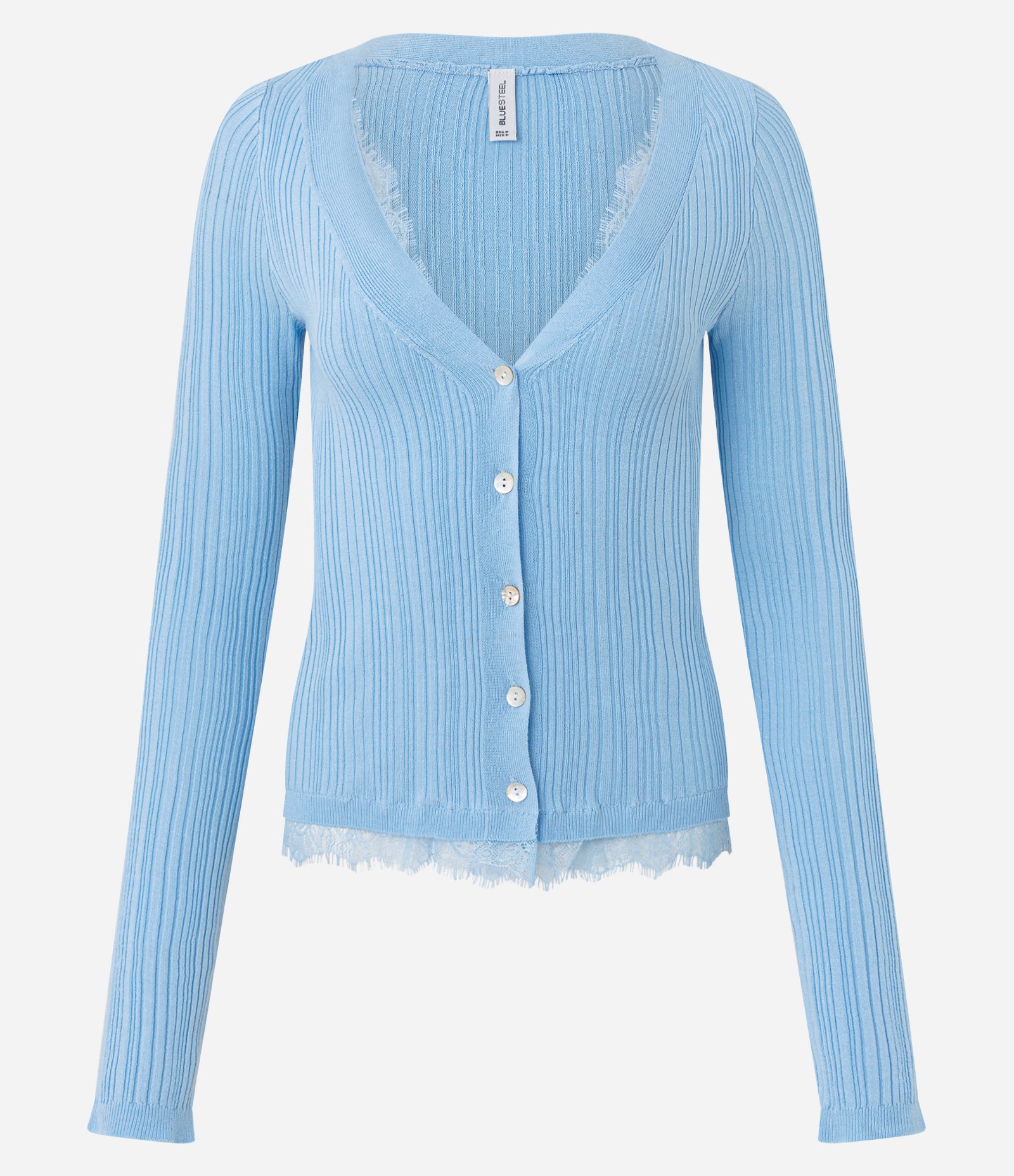 Cardigan em Tricô Canelado com Renda e Abotoamento Azul 5