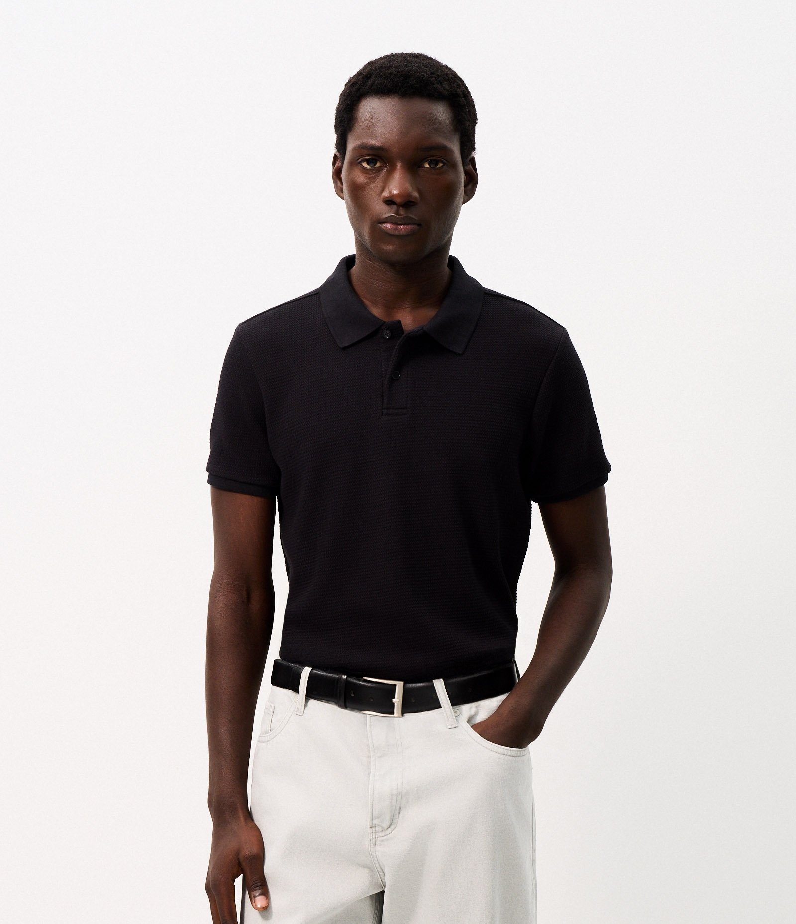 Polo Slim Texturizado Manga Curta Preto 1
