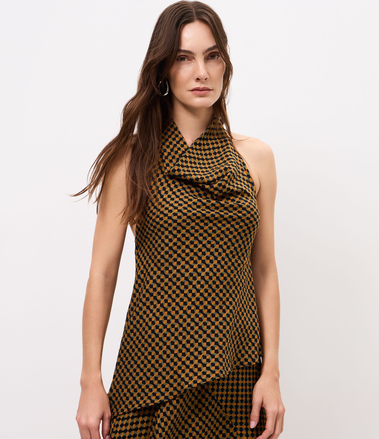 Blusa Assimétrica Estampada com Gola Halter Neck Multicores 1