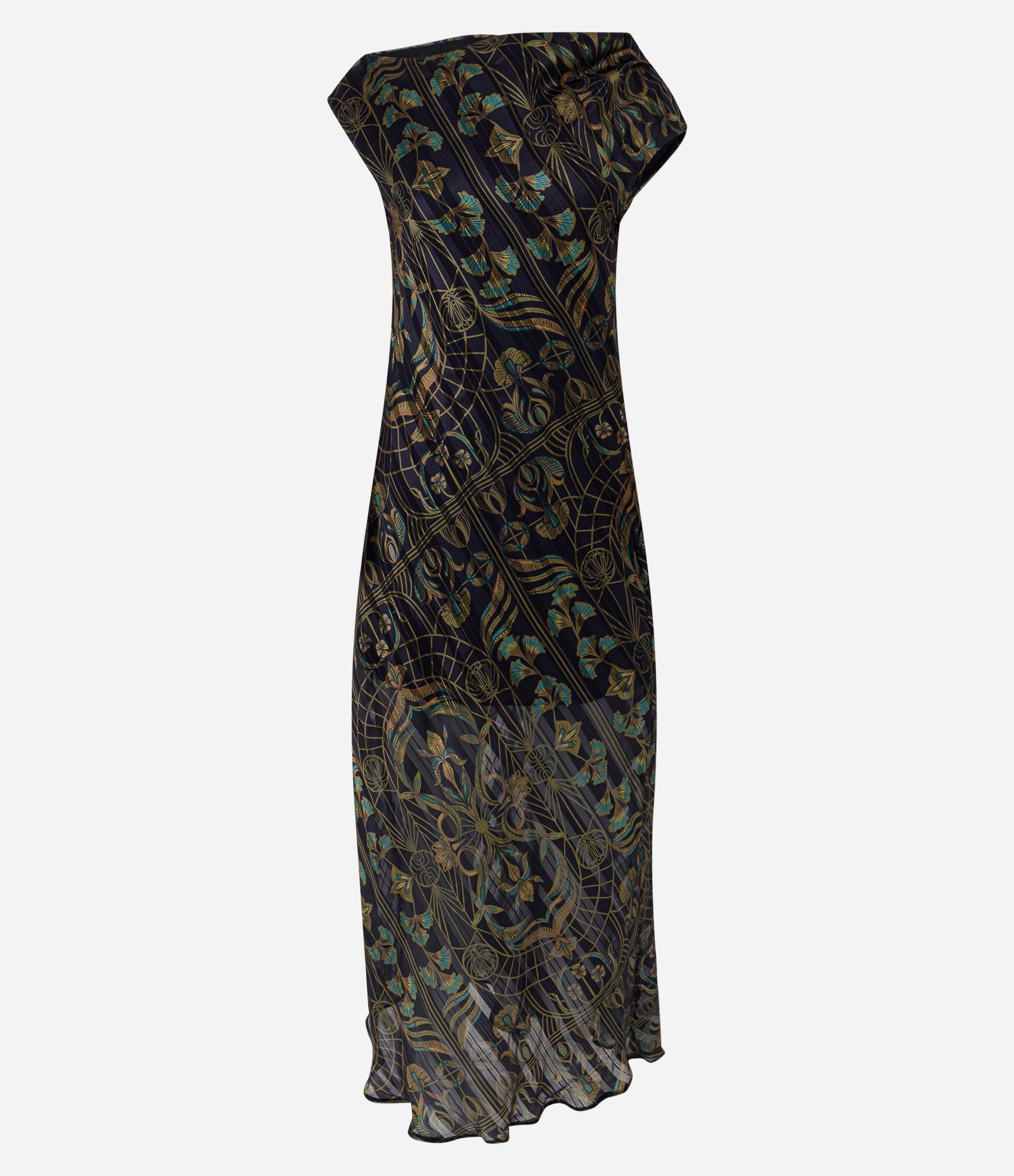 Vestido Longo em Chiffon com Gola Degagê e Estampa Abstrata Multicores 1