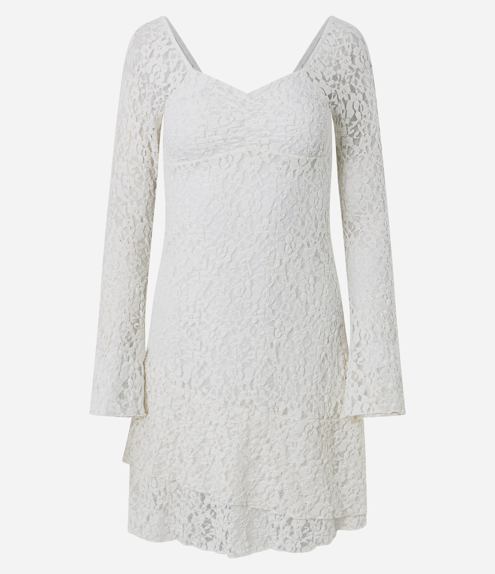 Vestido Curto Manga Longa em Renda Texturizada Branco 1