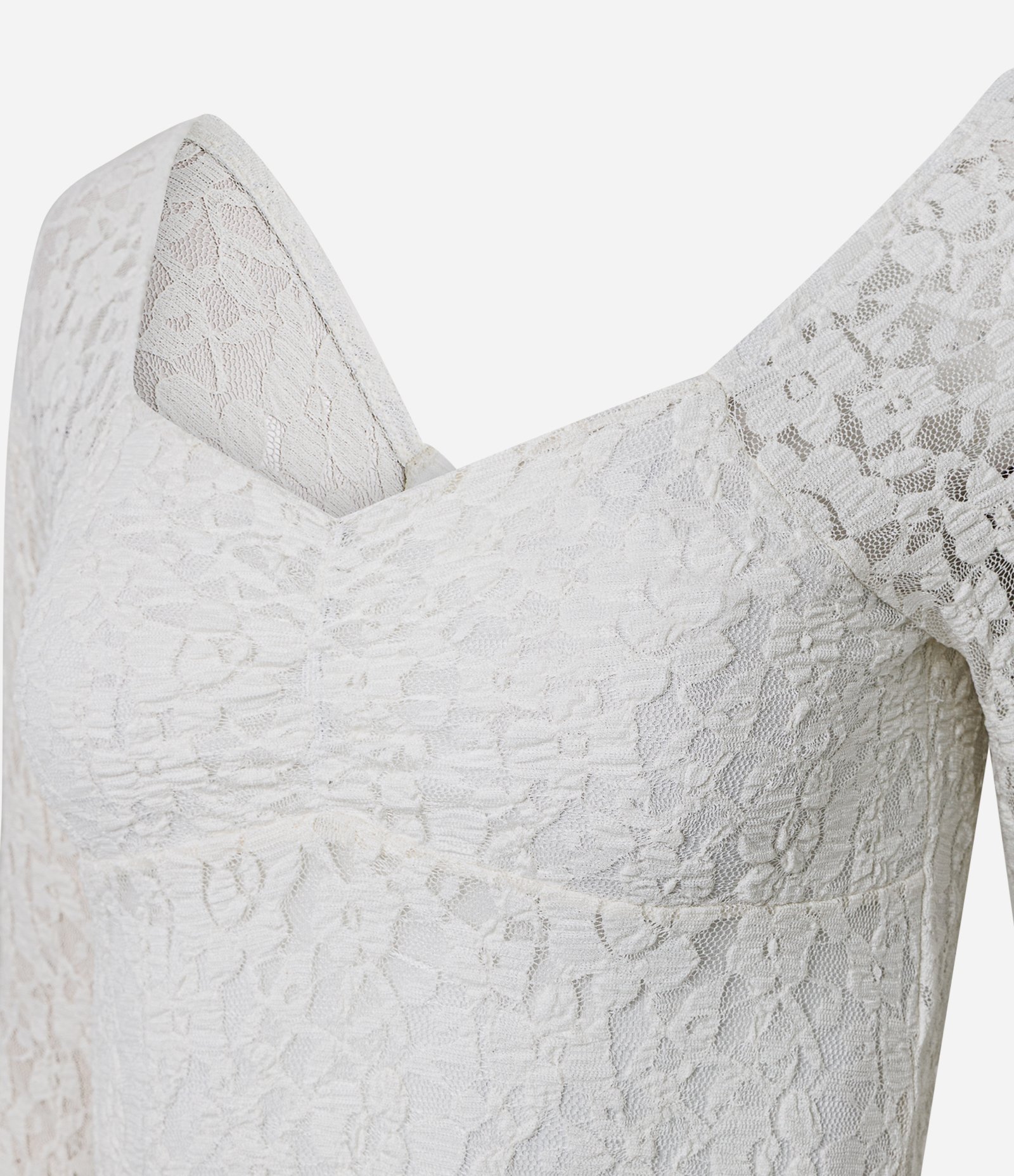 Vestido Curto Manga Longa em Renda Texturizada Branco 2