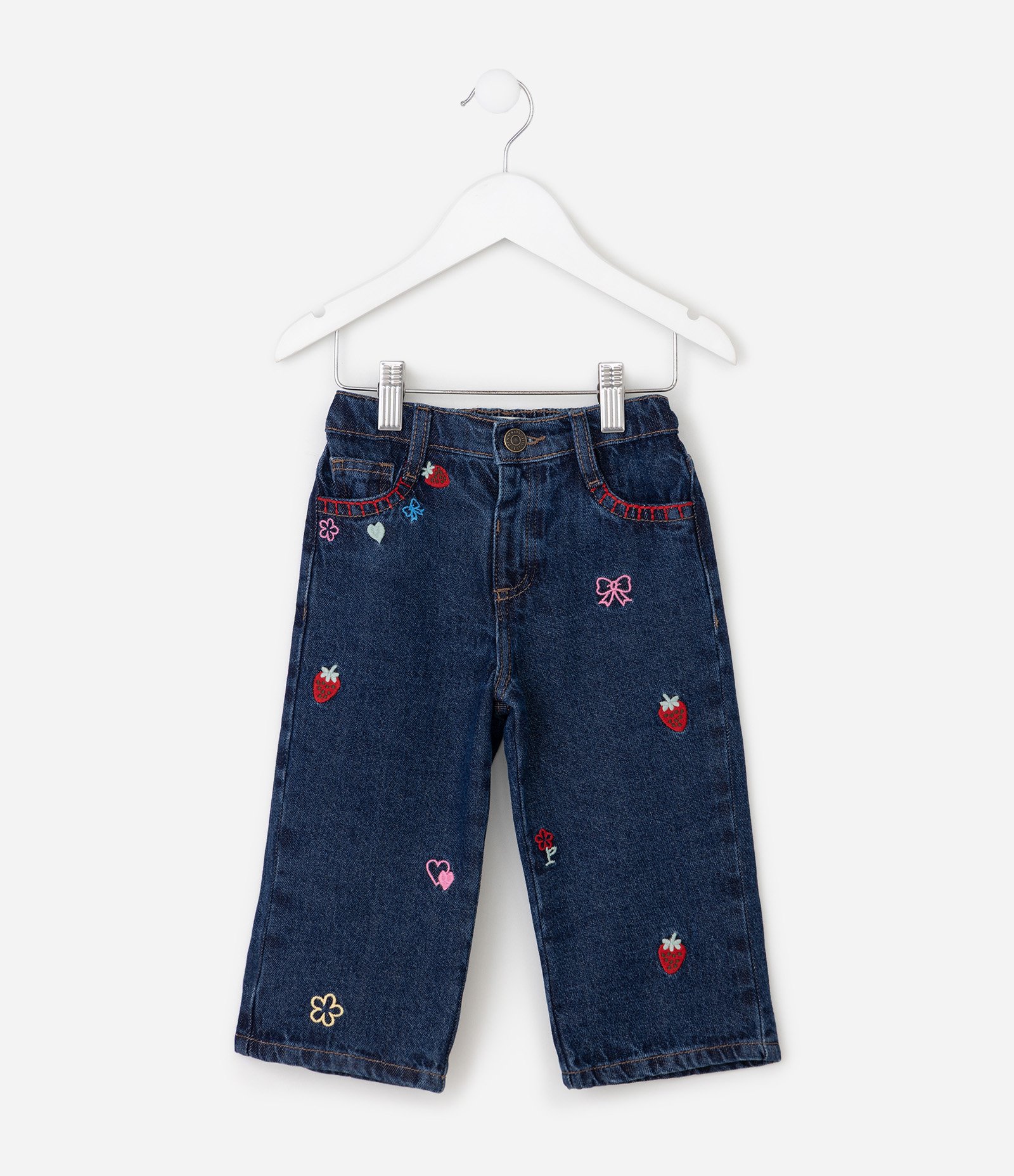 Calça Jeans Wide Infantil com Bordado Mini Ícones - Tam 1 a 6 Anos Azul 2