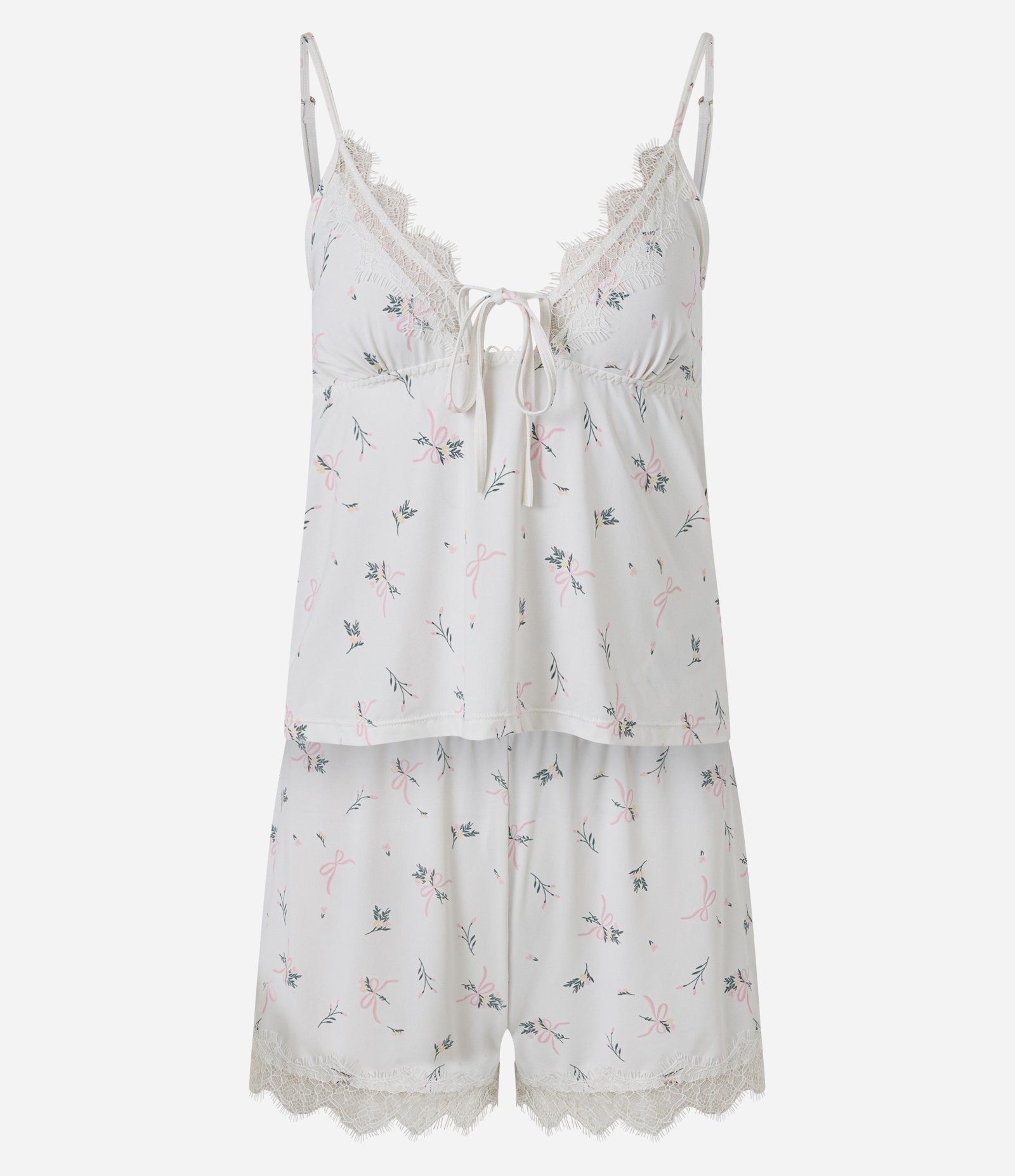 Pijama Short Doll Floral com Renda e Amarração Branco 5