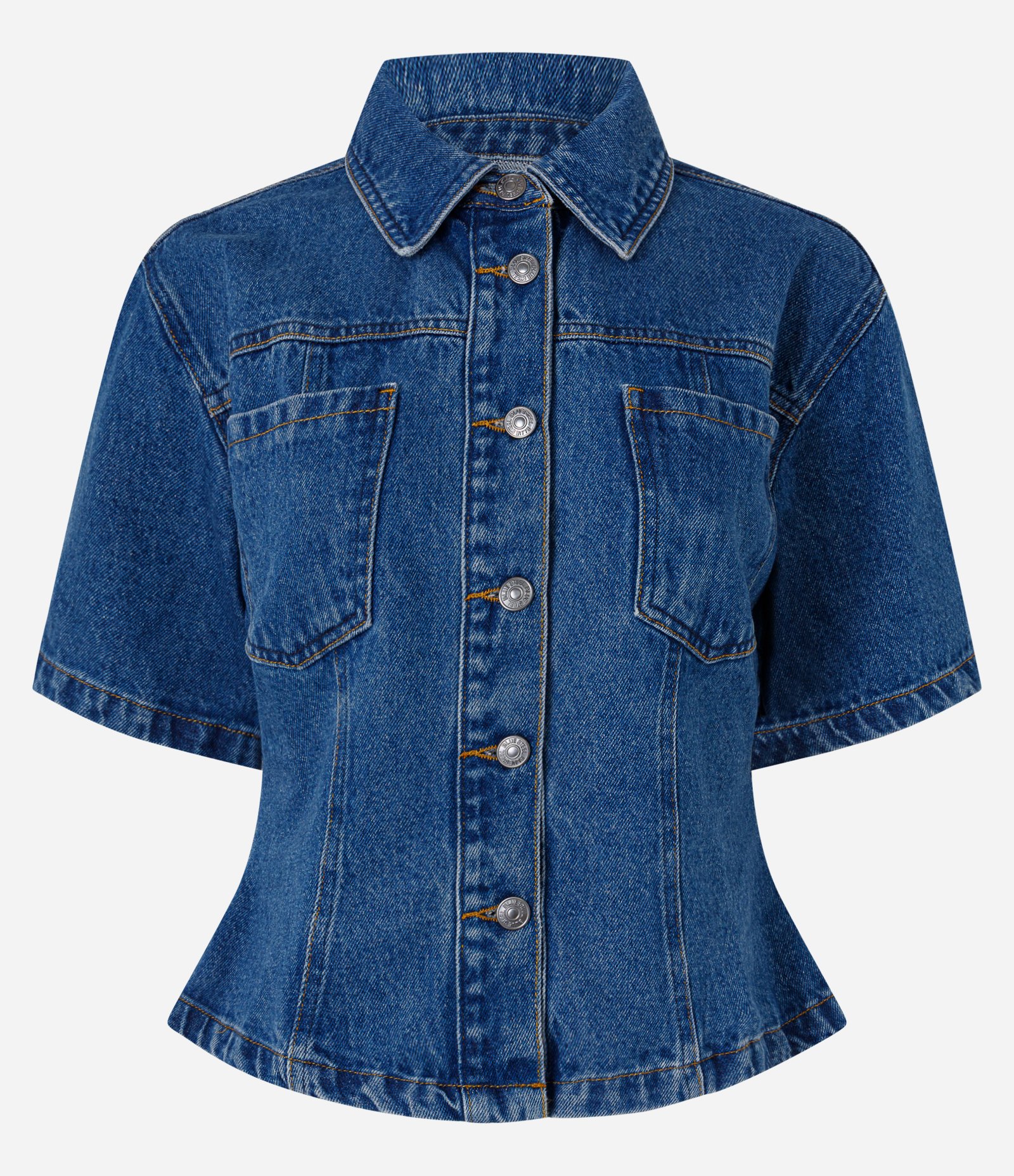 Camisa em Jeans com Gola Colarinho e Bolsos Azul 1