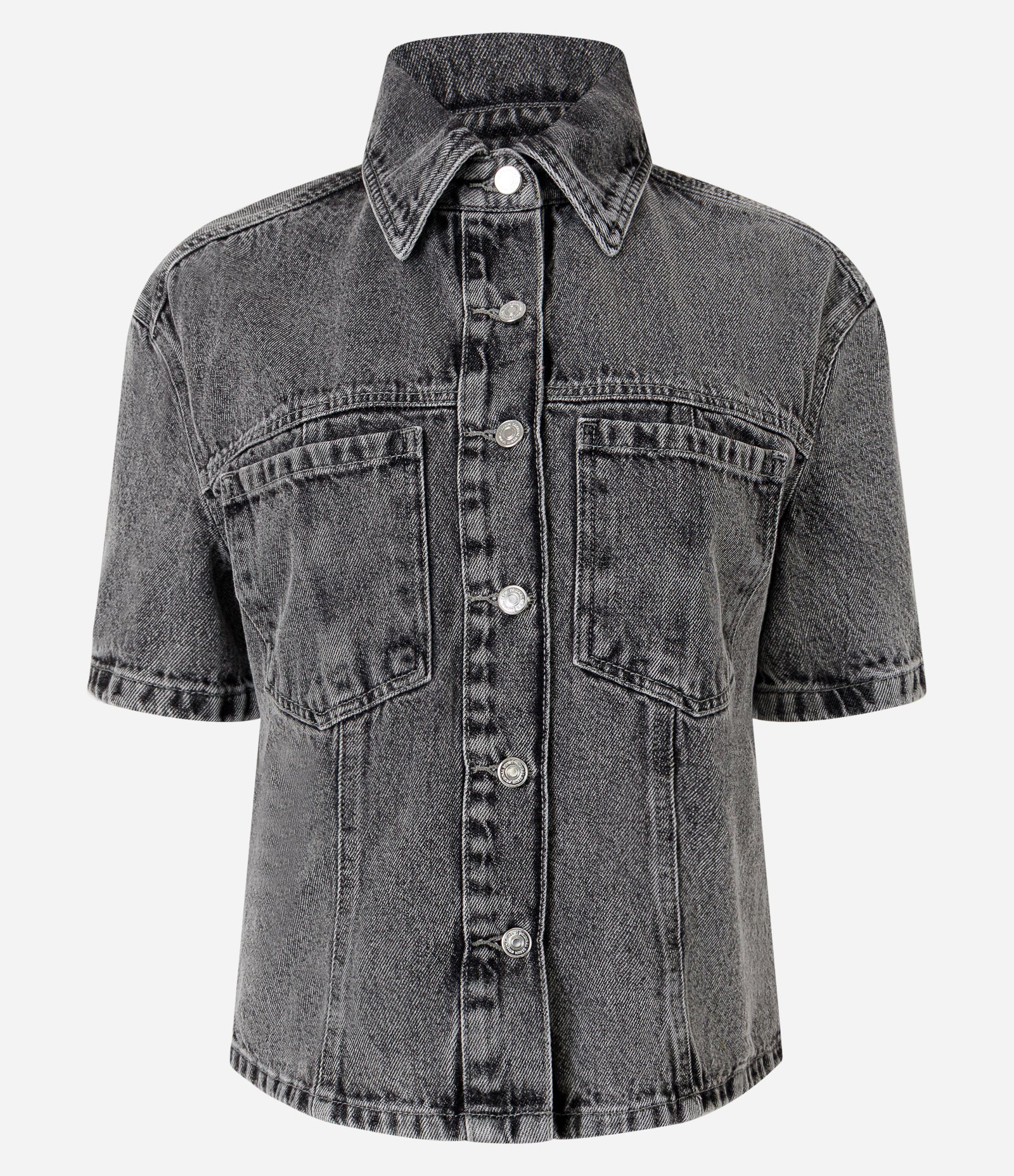 Camisa em Jeans com Gola Colarinho e Bolsos Cinza 5