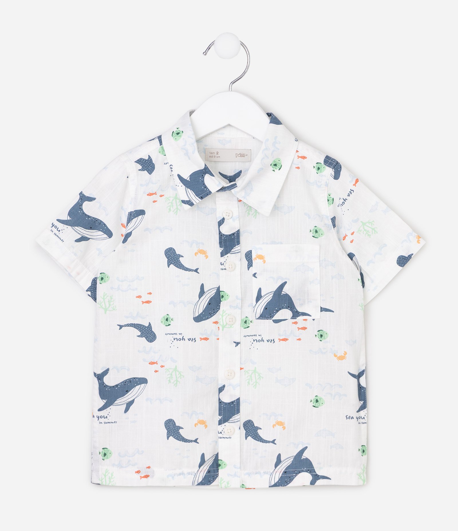 Camisa em Algodão com Estampa Ondas e Baleias Infantil - Tam 1 a 6 Anos Branco 3