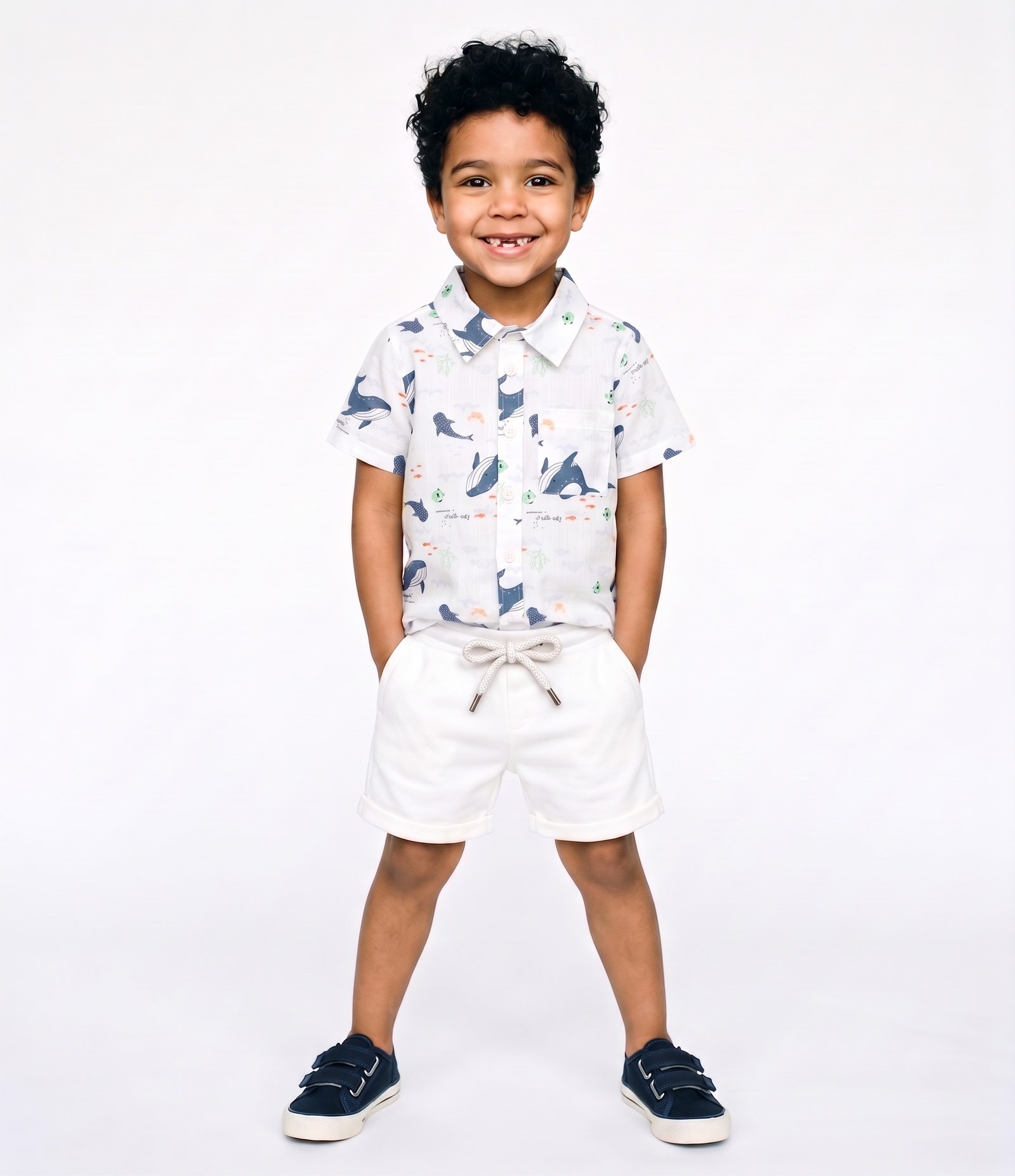 Camisa em Algodão com Estampa Ondas e Baleias Infantil - Tam 1 a 6 Anos Branco 1