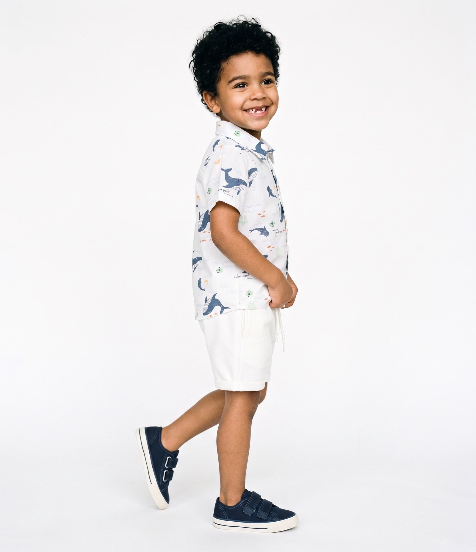 Camisa em Algodão com Estampa Ondas e Baleias Infantil - Tam 1 a 6 Anos Branco 2