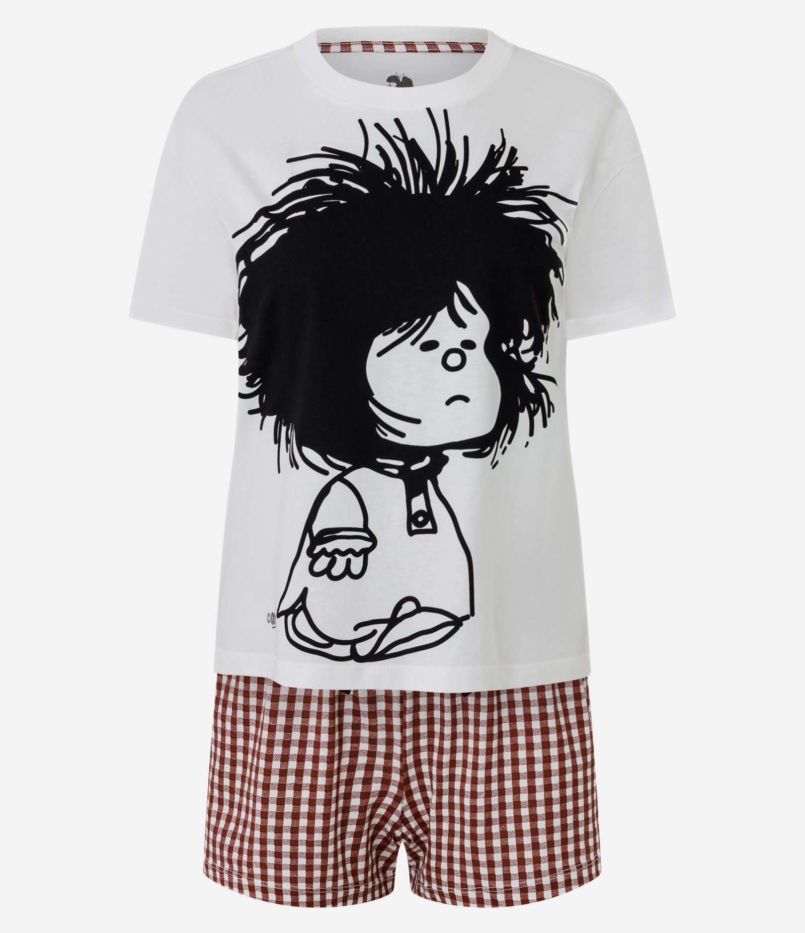 Pijama Curto em Algodão com Estampa Mafalda e Xadrez Branco 1