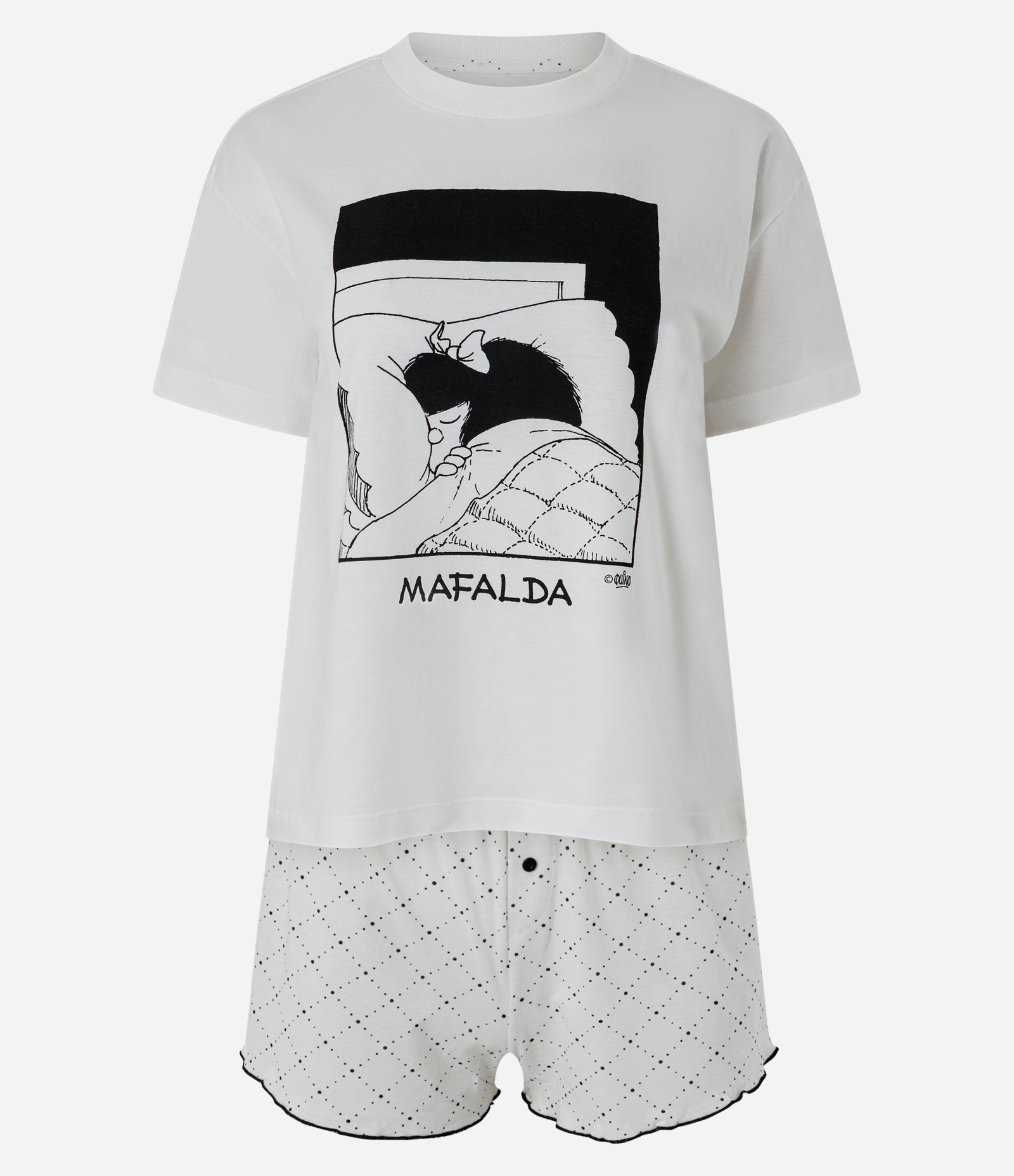 Pijama Curto em Algodão com Estampa Poá Mafalda Branco 1
