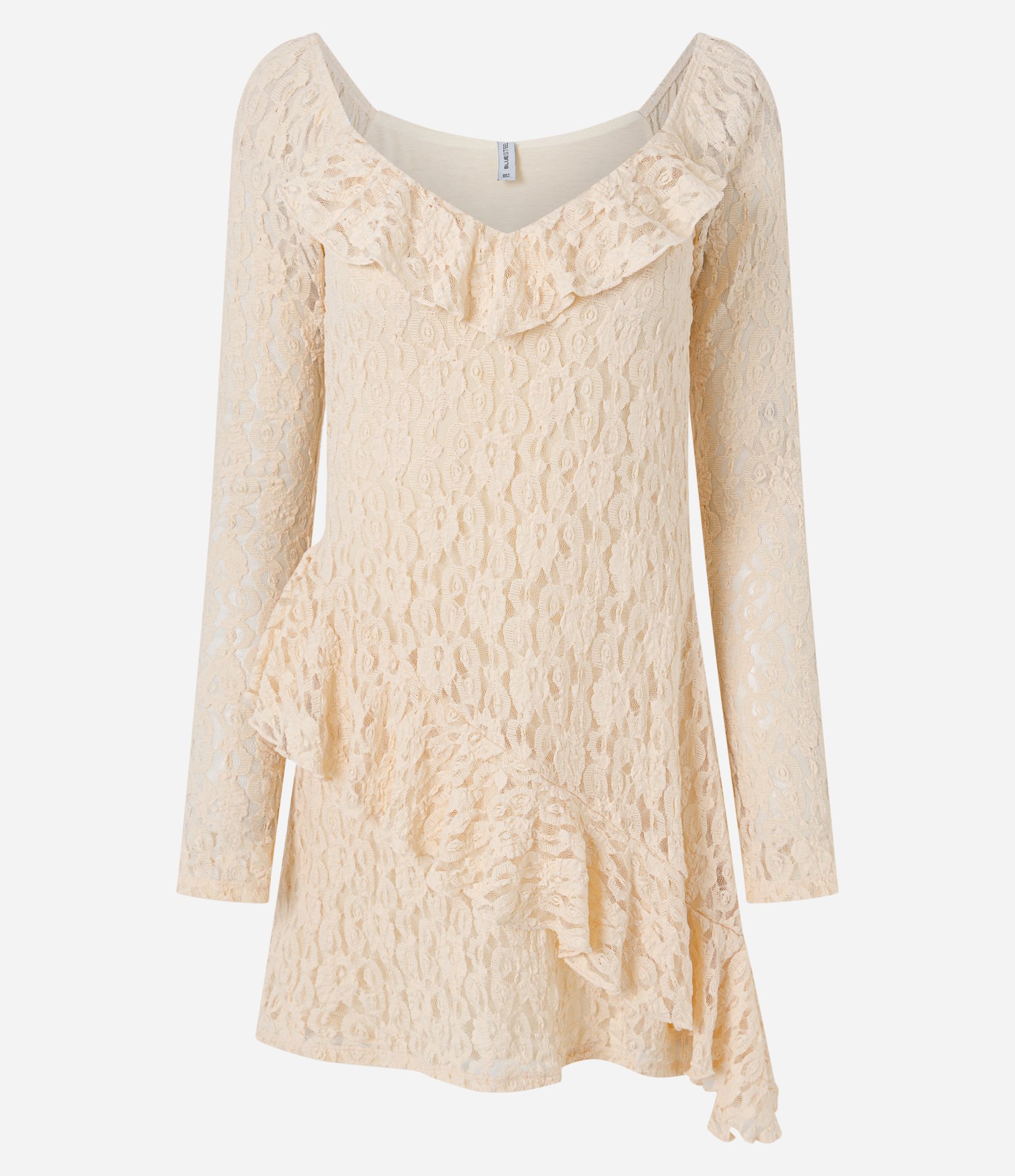 Vestido Curto em Renda com Manga Longa e Babado Bege 5