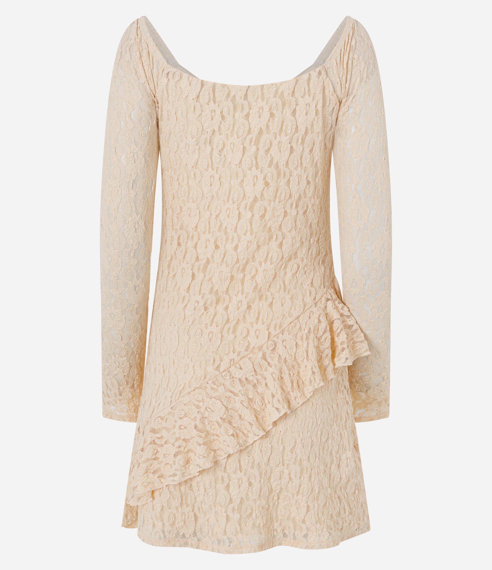 Vestido Curto em Renda com Manga Longa e Babado Bege 7