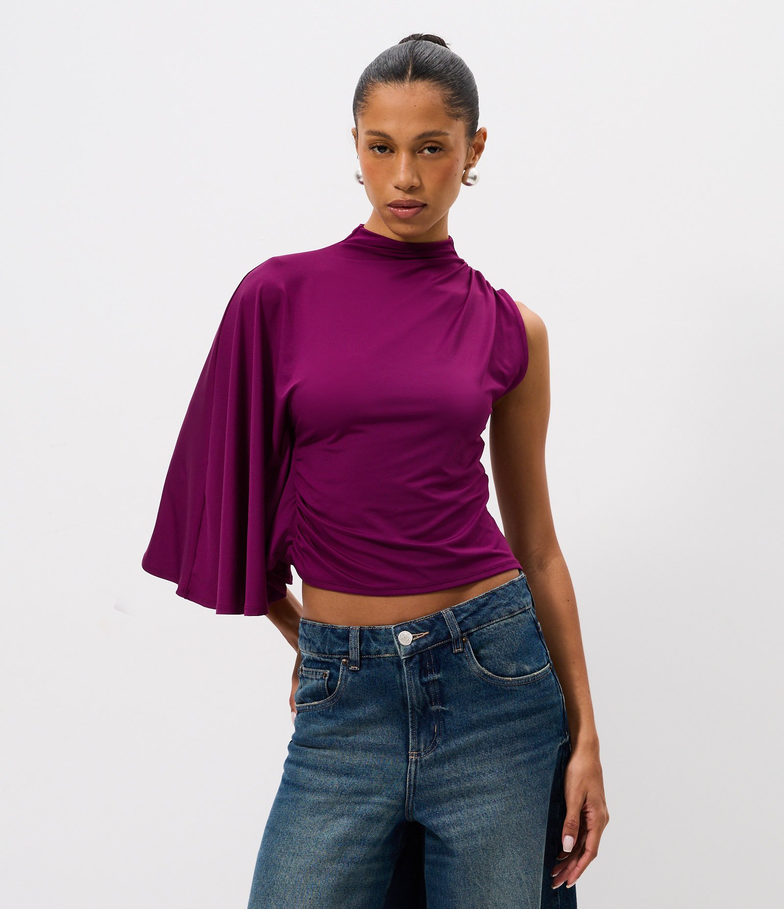 Blusa Ombro Único em Microfibra com Manga Longa Soltinha Roxo 1