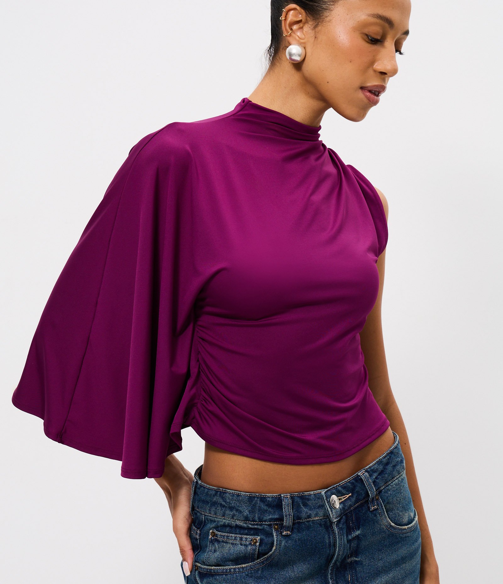 Blusa Ombro Único em Microfibra com Manga Longa Soltinha Roxo 3