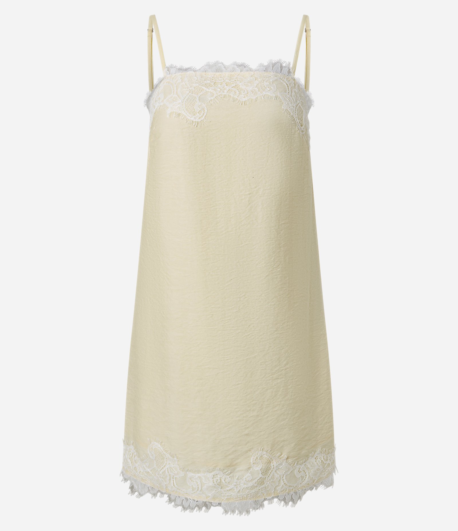 Vestido Curto em Viscose Texturizada com Renda no Decote e Barra Amarelo Claro 5