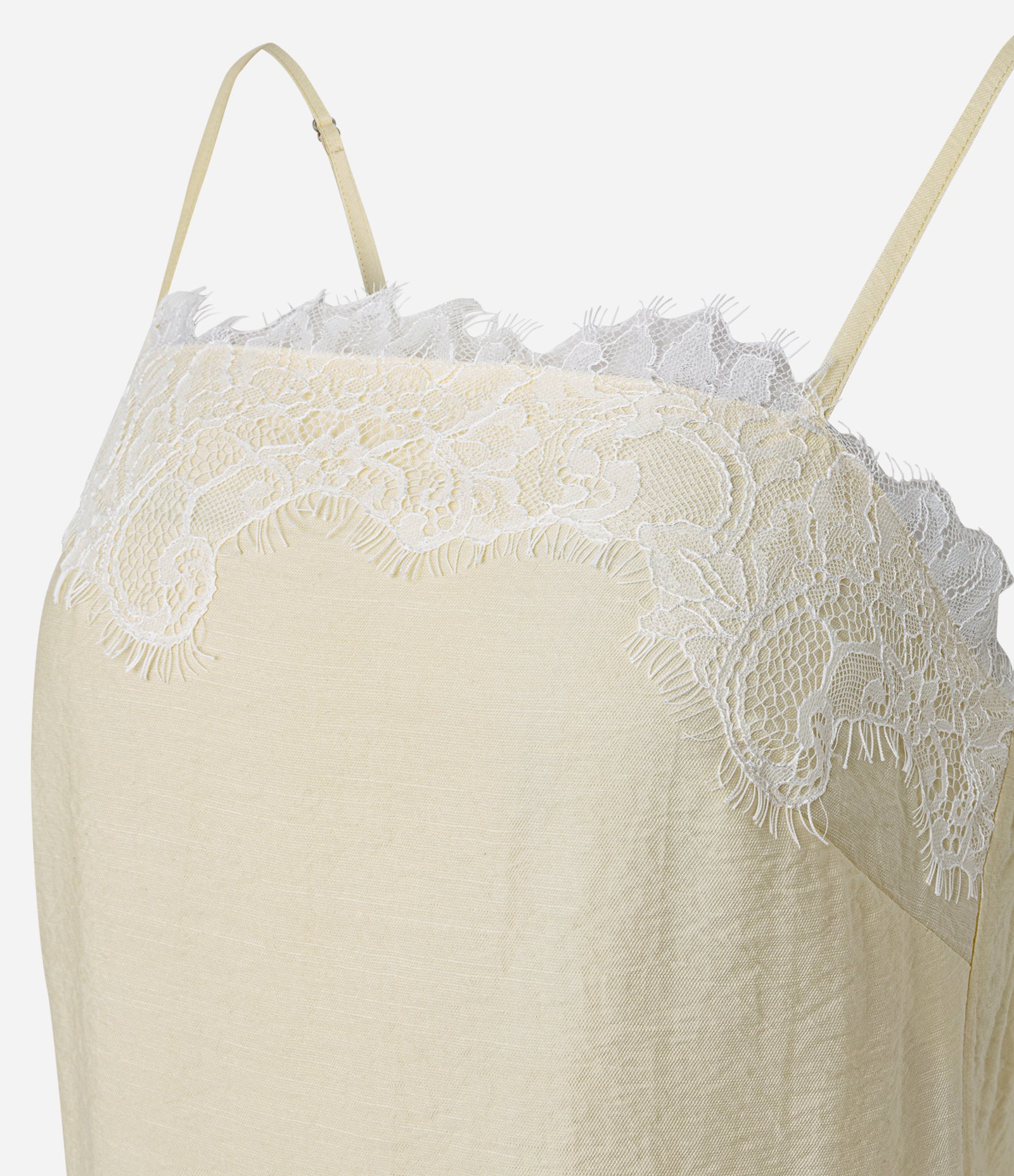 Vestido Curto em Viscose Texturizada com Renda no Decote e Barra Amarelo Claro 6
