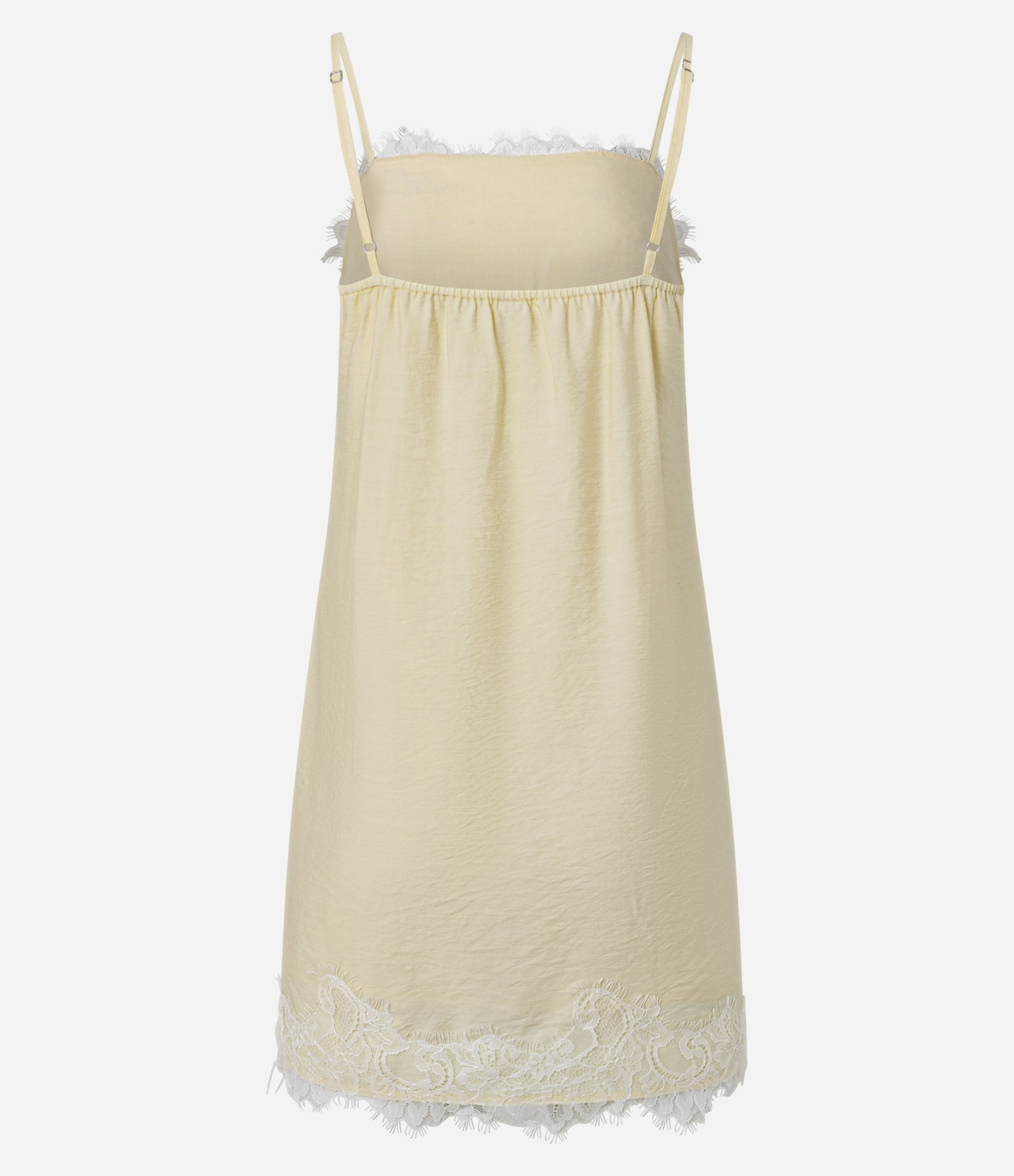 Vestido Curto em Viscose Texturizada com Renda no Decote e Barra Amarelo Claro 8