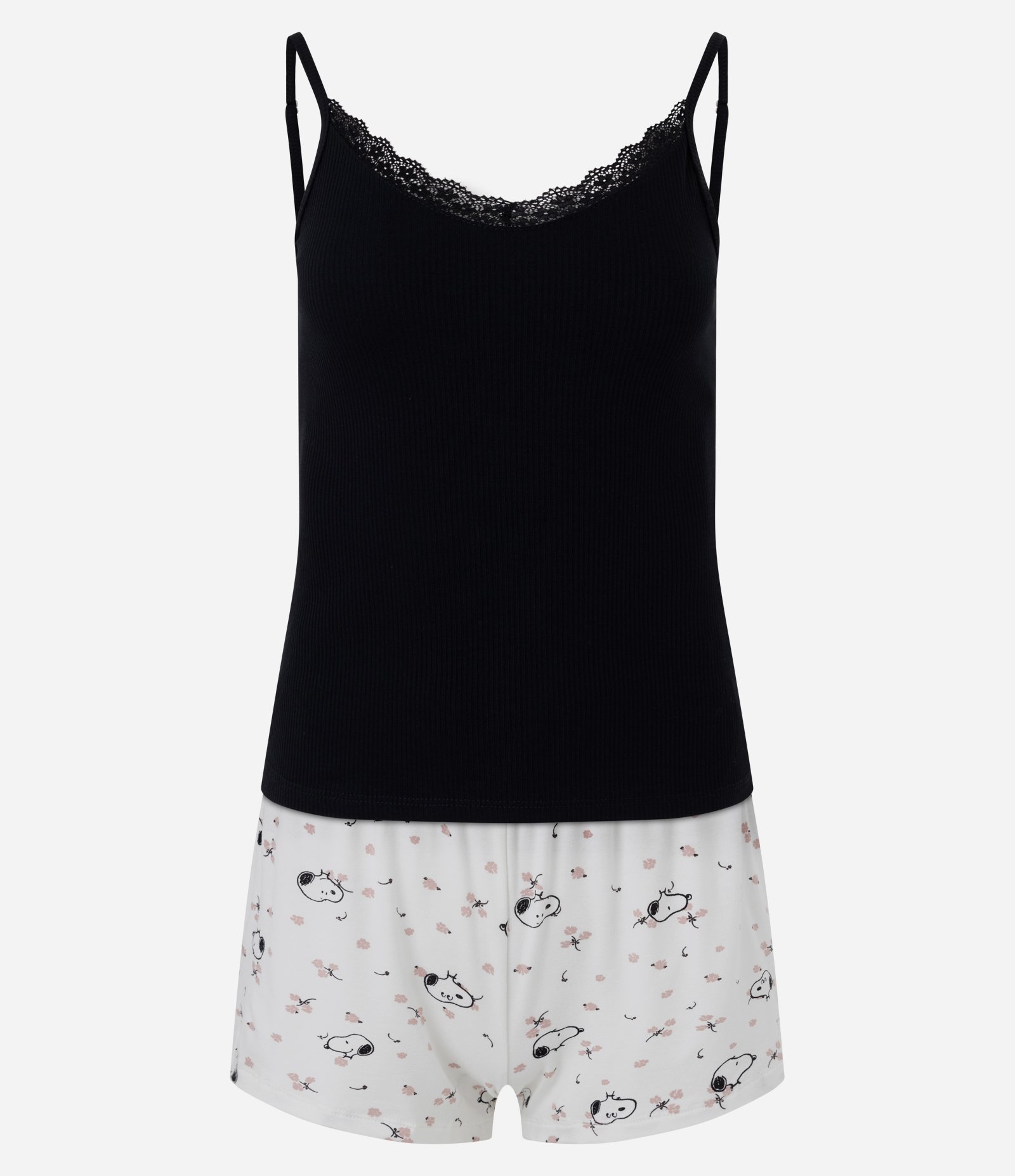 Pijama Curto em Ribana com Renda Snoopy Branco/Preto 1