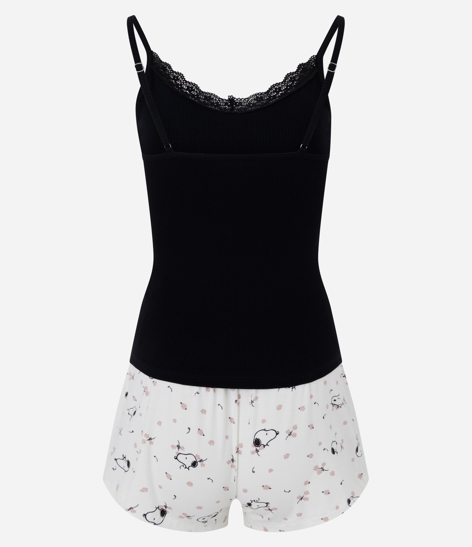 Pijama Curto em Ribana com Renda Snoopy Branco/Preto 3