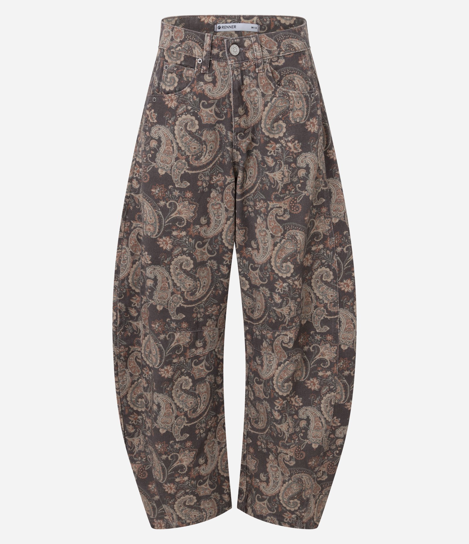 Calça Baggy Balloon em Sarja com Cintura Média Estampa Paisley Marrom 5