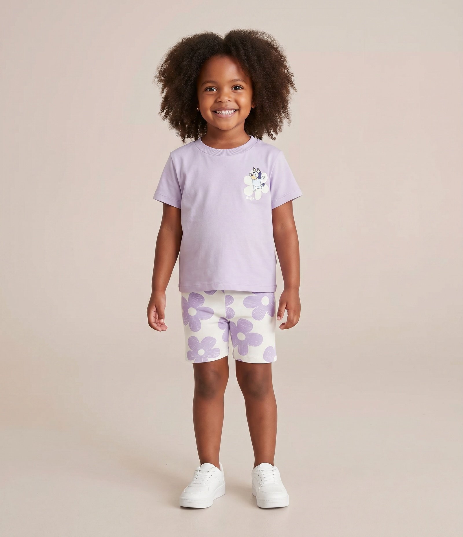 Conjunto Comfort Infantil com Estampa Bluey Floral e Bermuda Ciclista – Tam 1 a 6 Anos Lilás 1