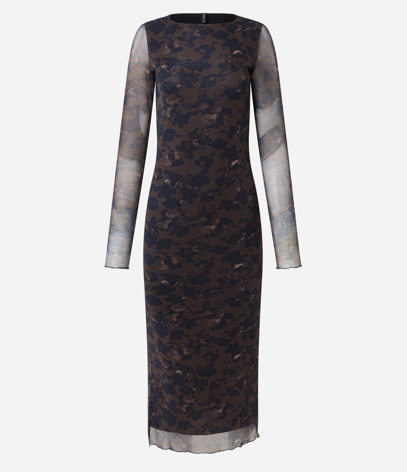 Vestido Midi Manga Longa em Tule com Floral Estampado Marrom 5