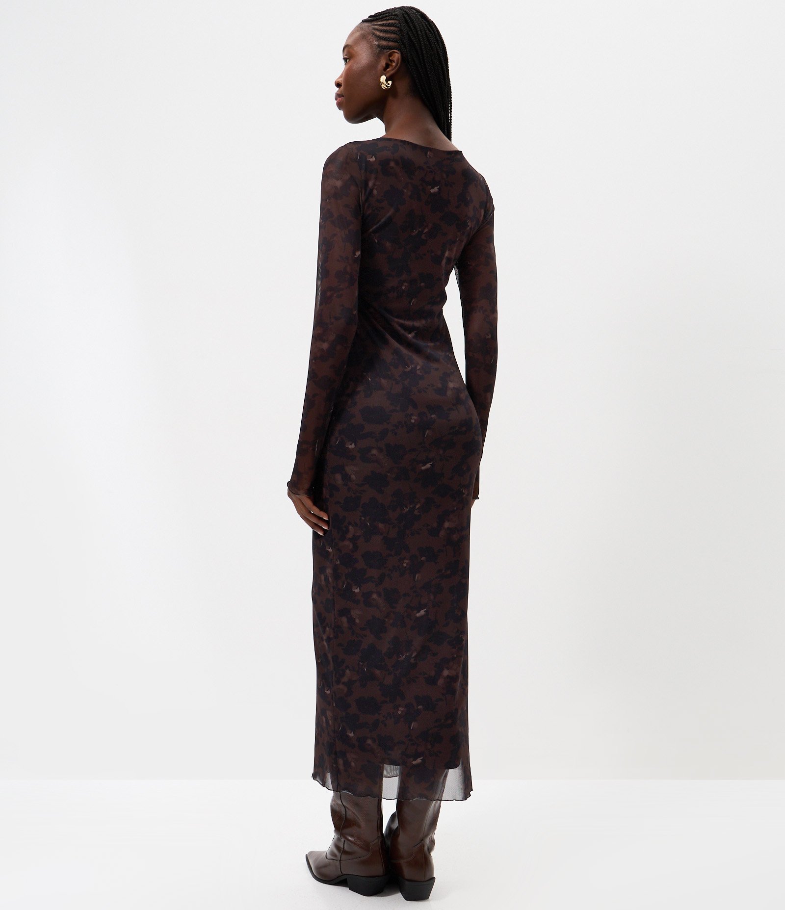 Vestido Midi Manga Longa em Tule com Floral Estampado Marrom 4