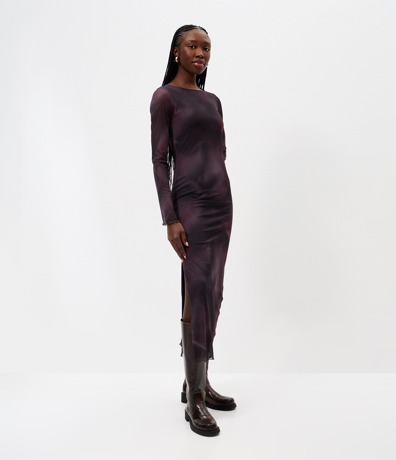 Vestido Midi Manga Longa em Tule com Efeito Manchado Preto/Roxo 1