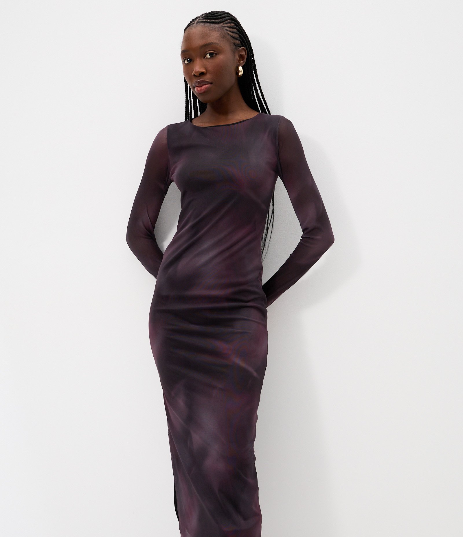 Vestido Midi Manga Longa em Tule com Efeito Manchado Preto/Roxo 2