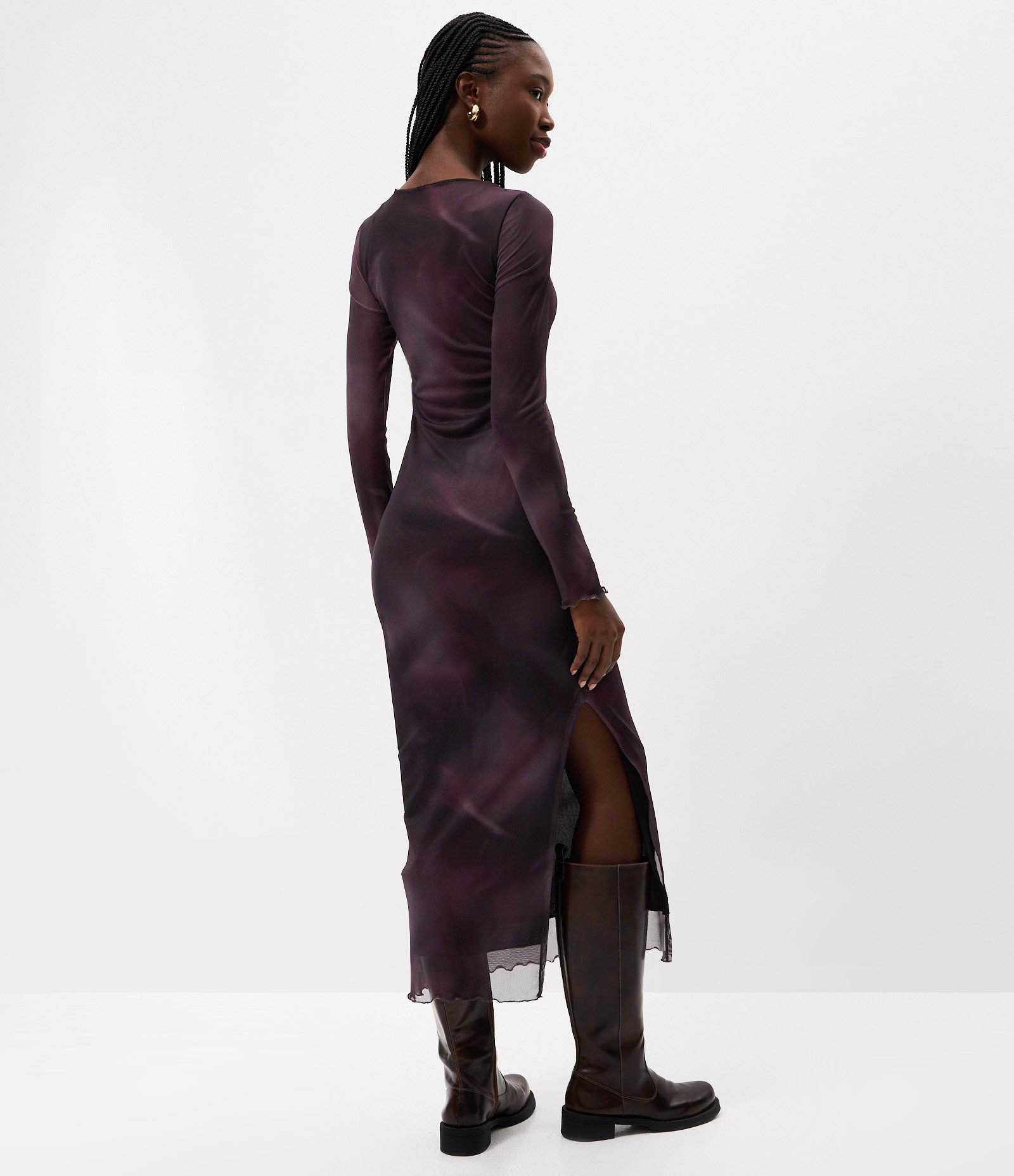 Vestido Midi Manga Longa em Tule com Efeito Manchado Preto/Roxo 4