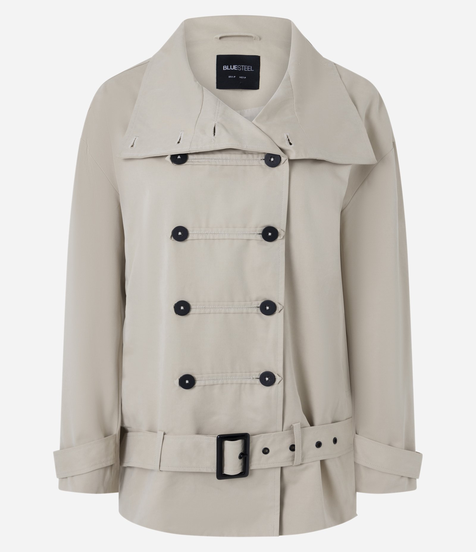 Jaqueta Trench Coat Napoleônica com Cinto e Fivela Bege 6