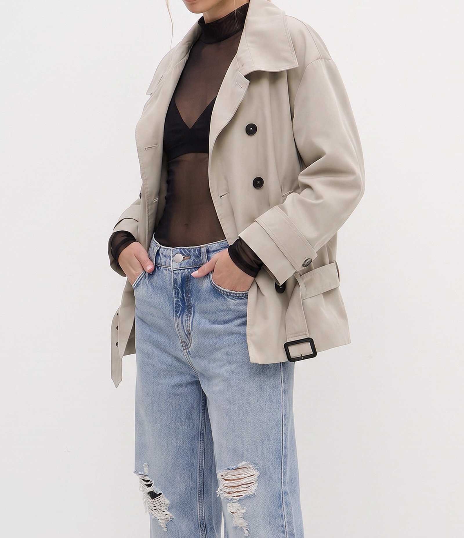 Jaqueta Trench Coat Napoleônica com Cinto e Fivela Bege 4