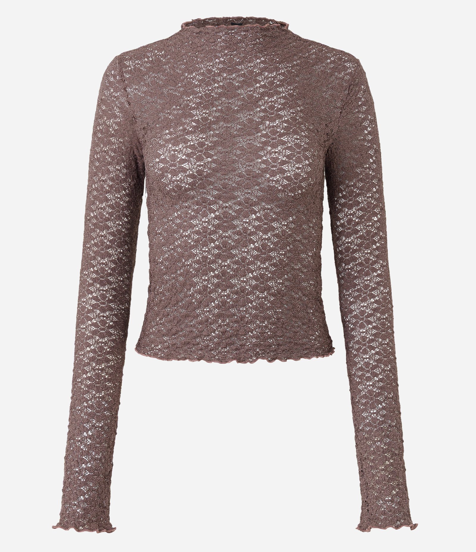 Blusa Manga Longa em Renda Texturizada com Gola Alta Marrom 5