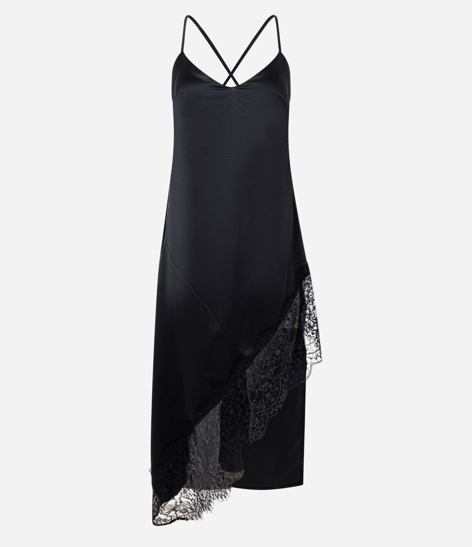 Vestido Longo em Cetim com Renda Floral Assimétrica Preto 1