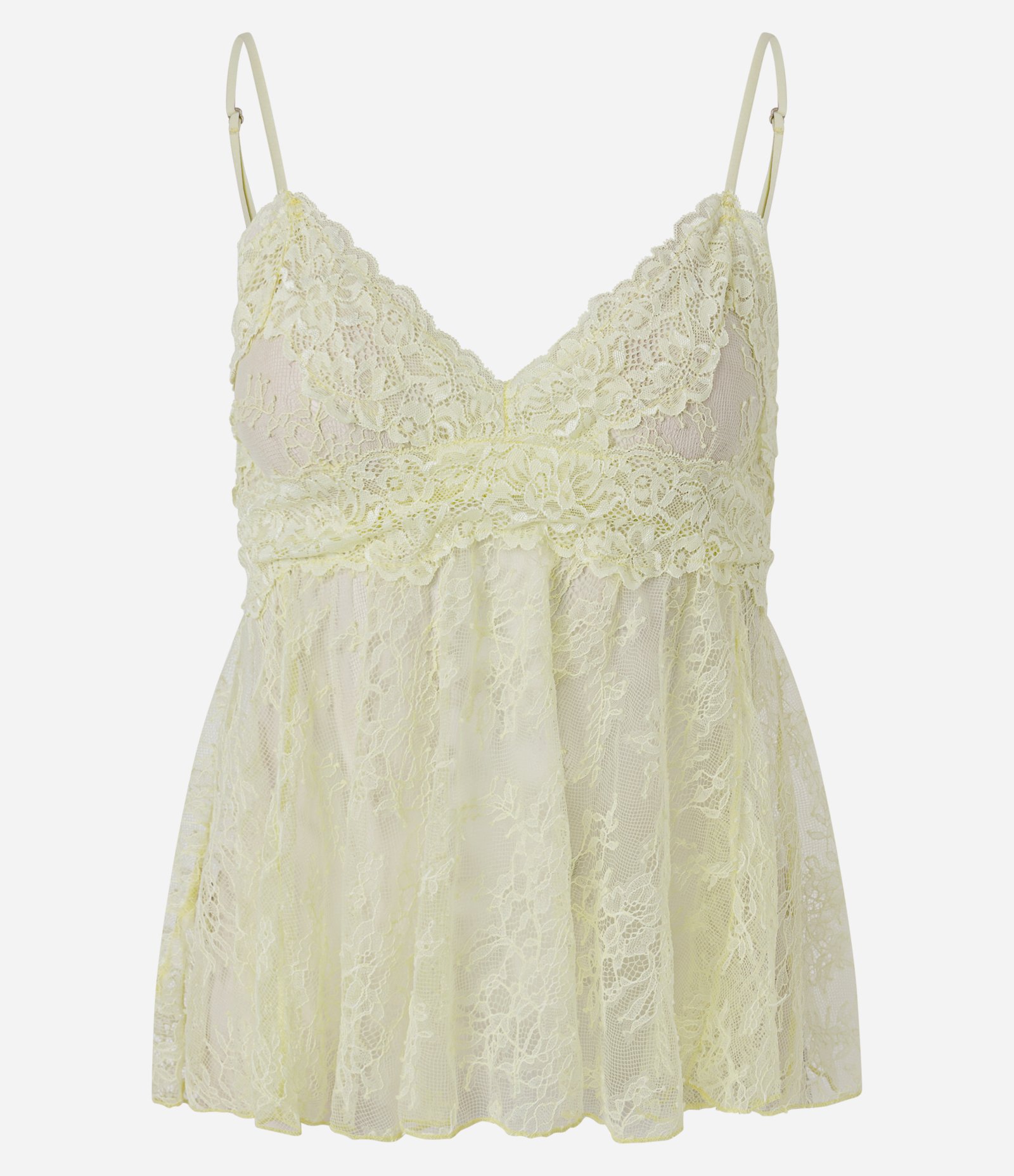 Blusa em Renda com Alças Finas Transparente e Texturizada Amarelo 1