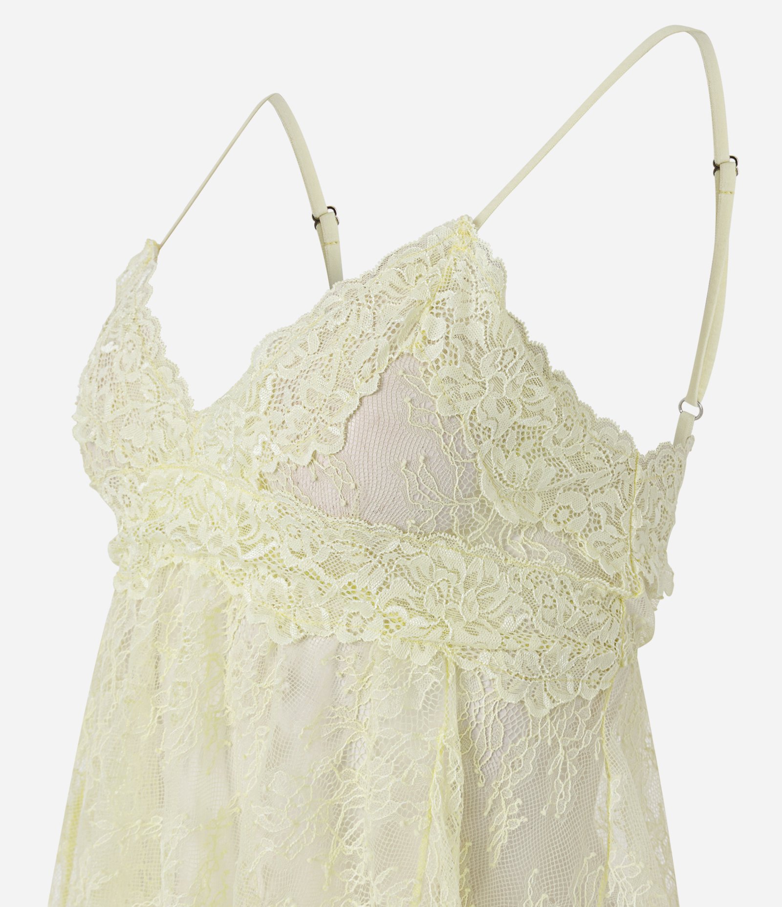 Blusa em Renda com Alças Finas Transparente e Texturizada Amarelo 2