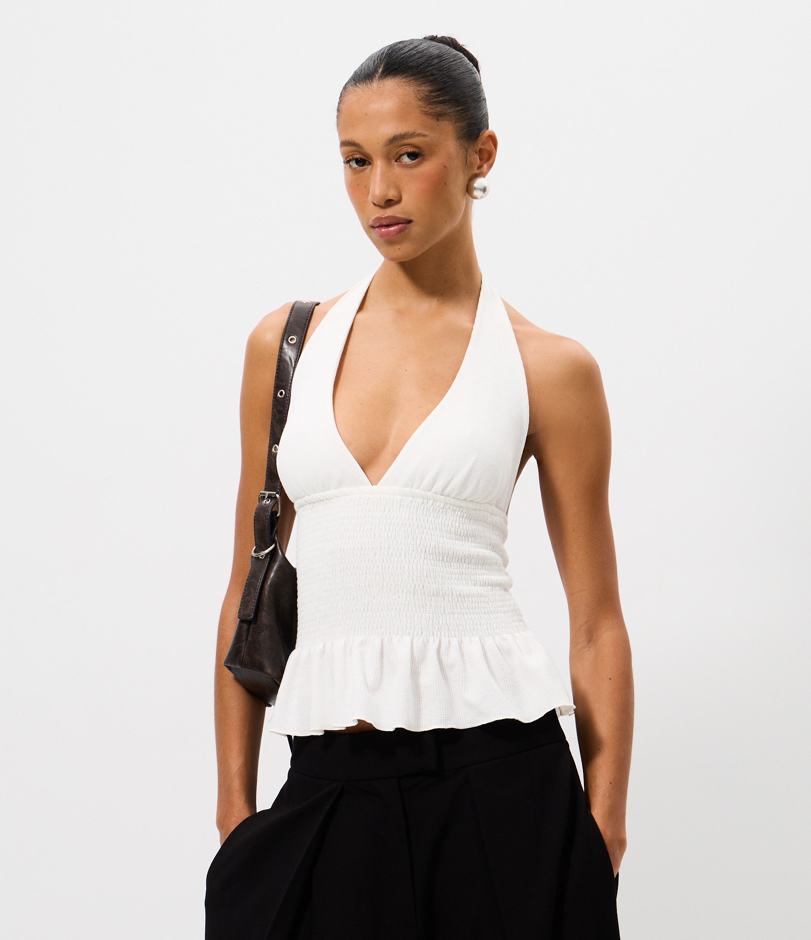 Blusa Frente Única em Waffle com Franzidos Branco 1