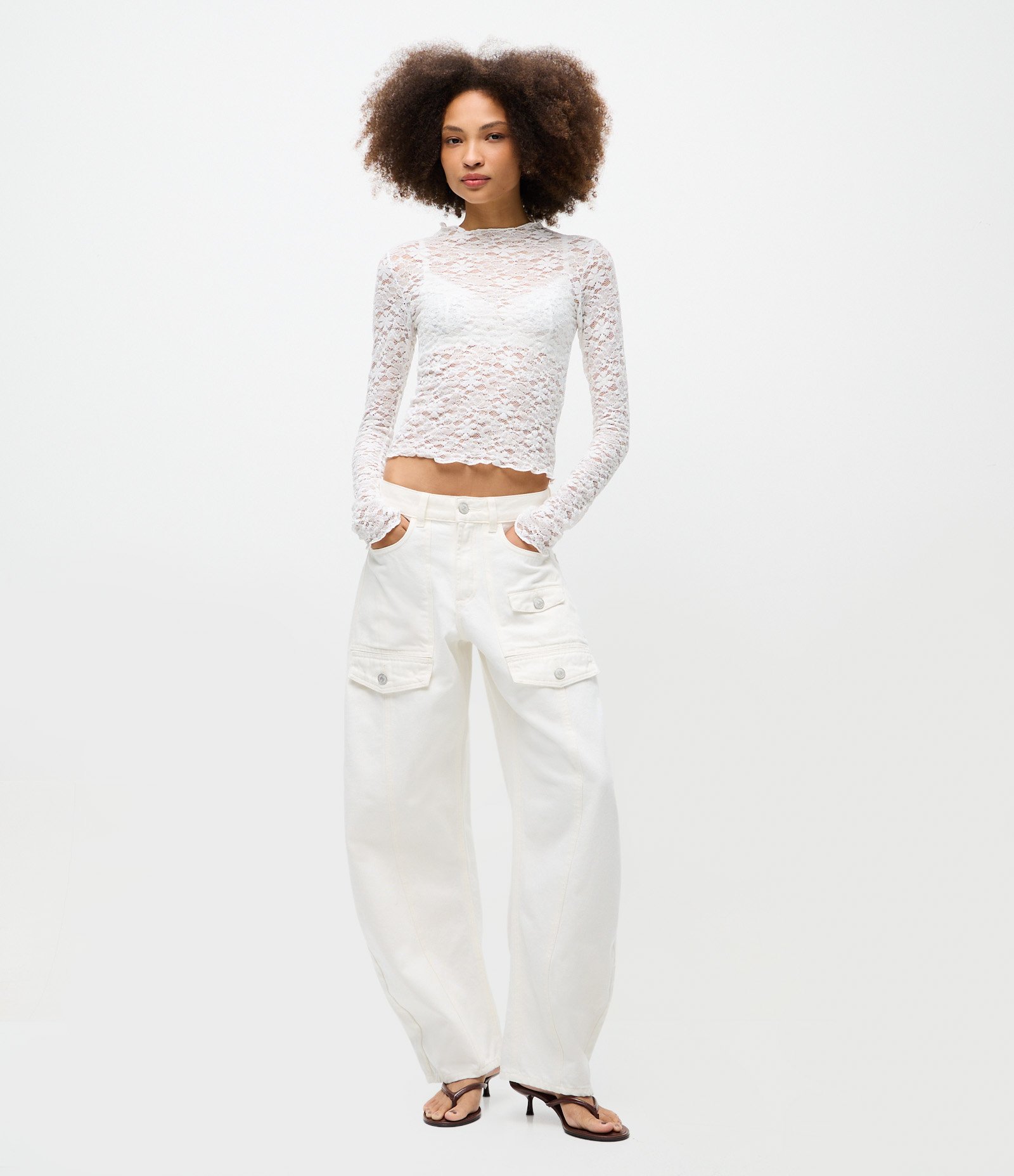 Calça Barrel em Jeans com Cintura Baixa Branco 1