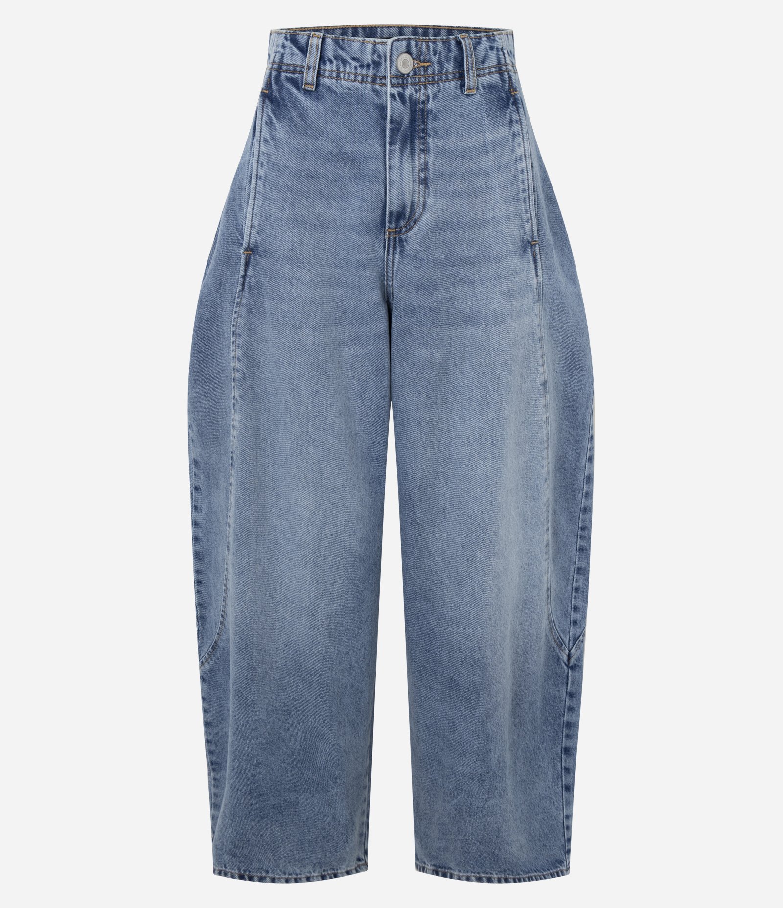 Calça Barrel em Jeans com Cintura Alta e Recortes Azul 5