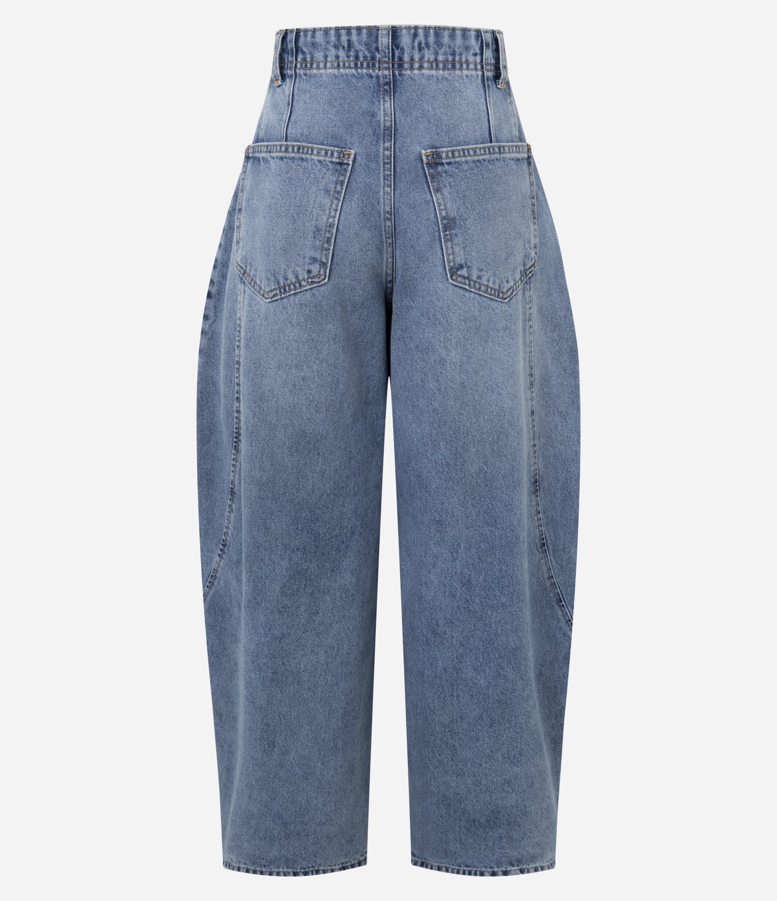 Calça Barrel em Jeans com Cintura Alta e Recortes Azul 6