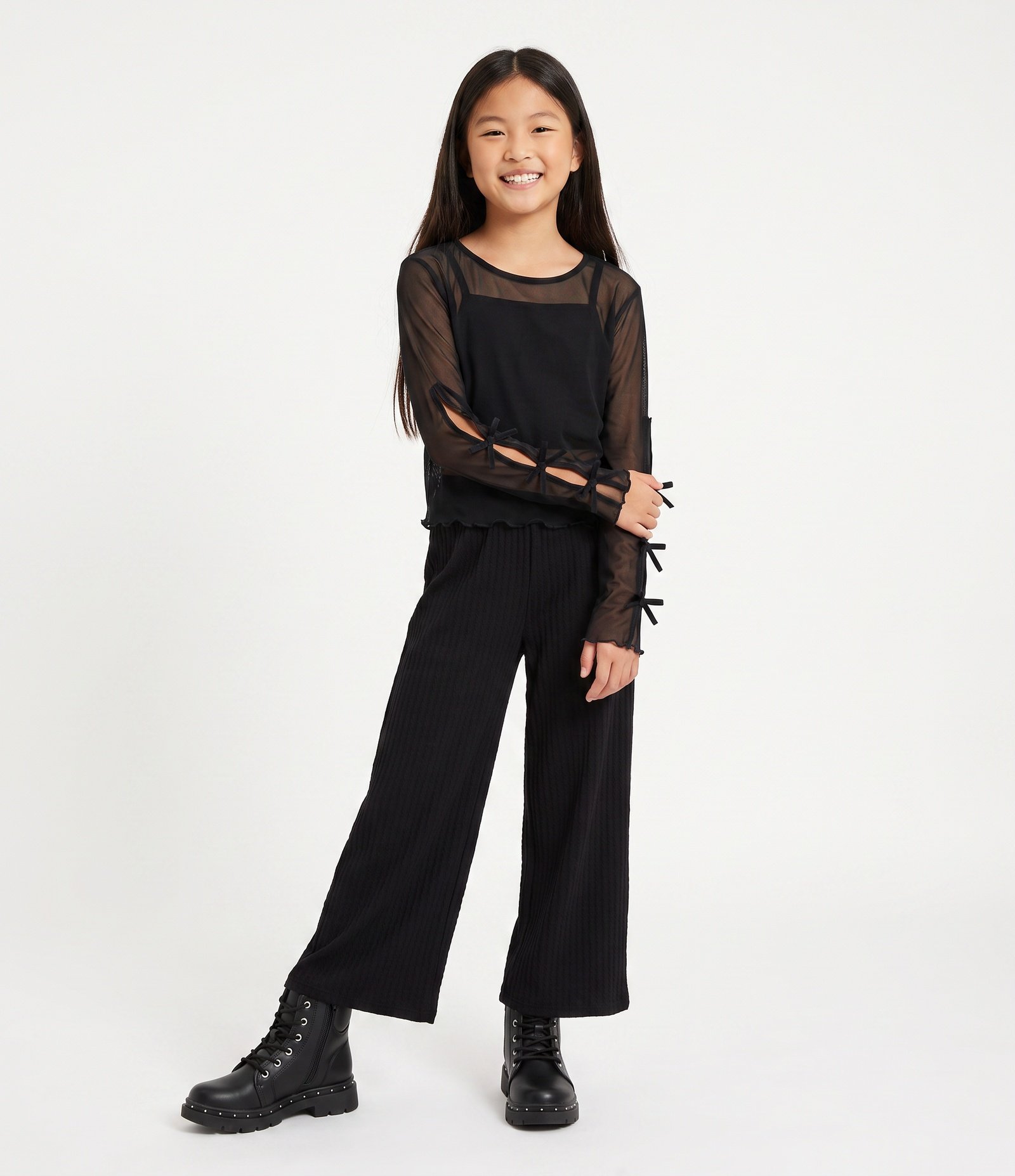 Calça Wide Infantil em Algodão Texturizada - Tam 5 a 16 Anos Preto 1